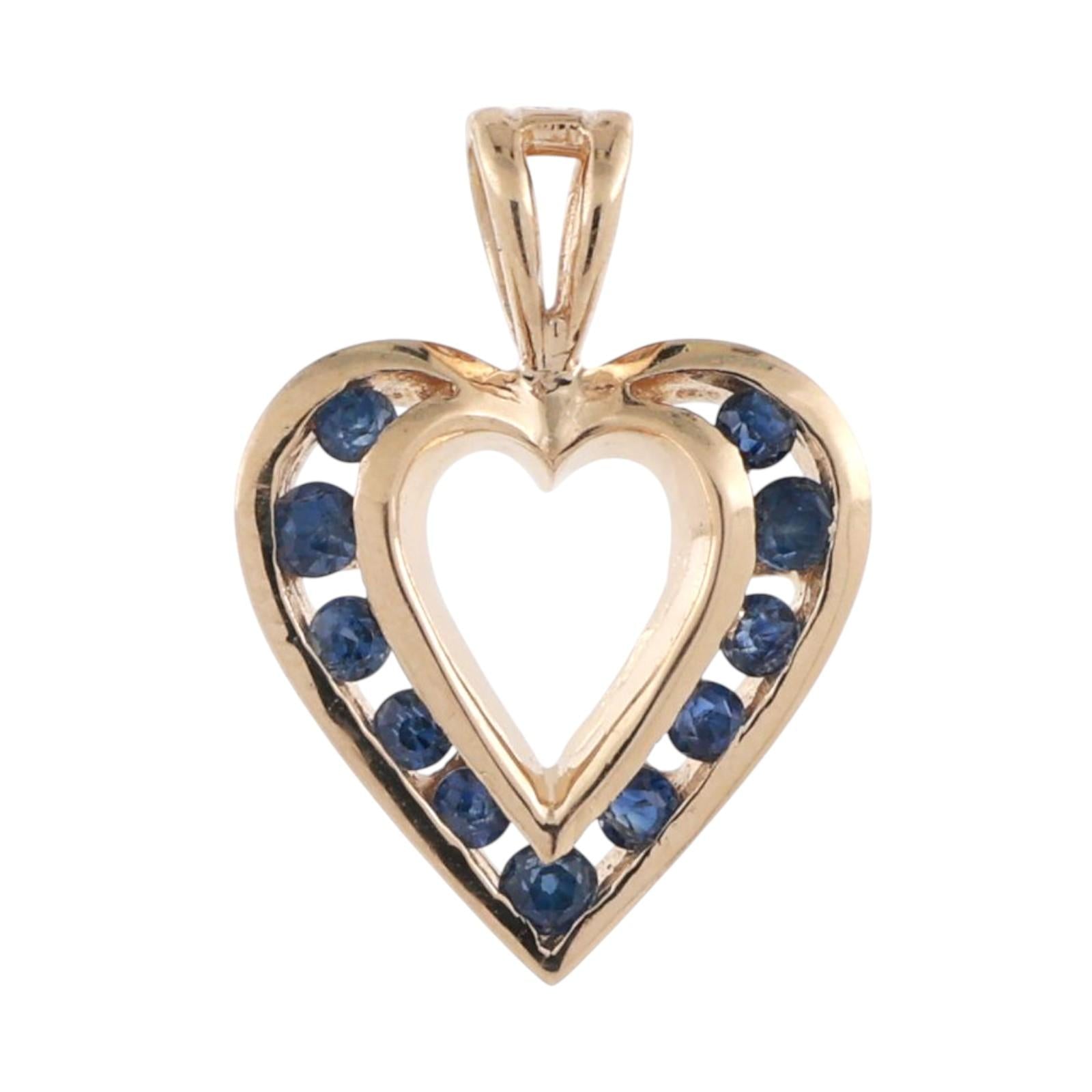 Blue Sapphire Open Heart Pendant Charm 14K Yellow Gold 0.33 CTW 0.65" Ladies
