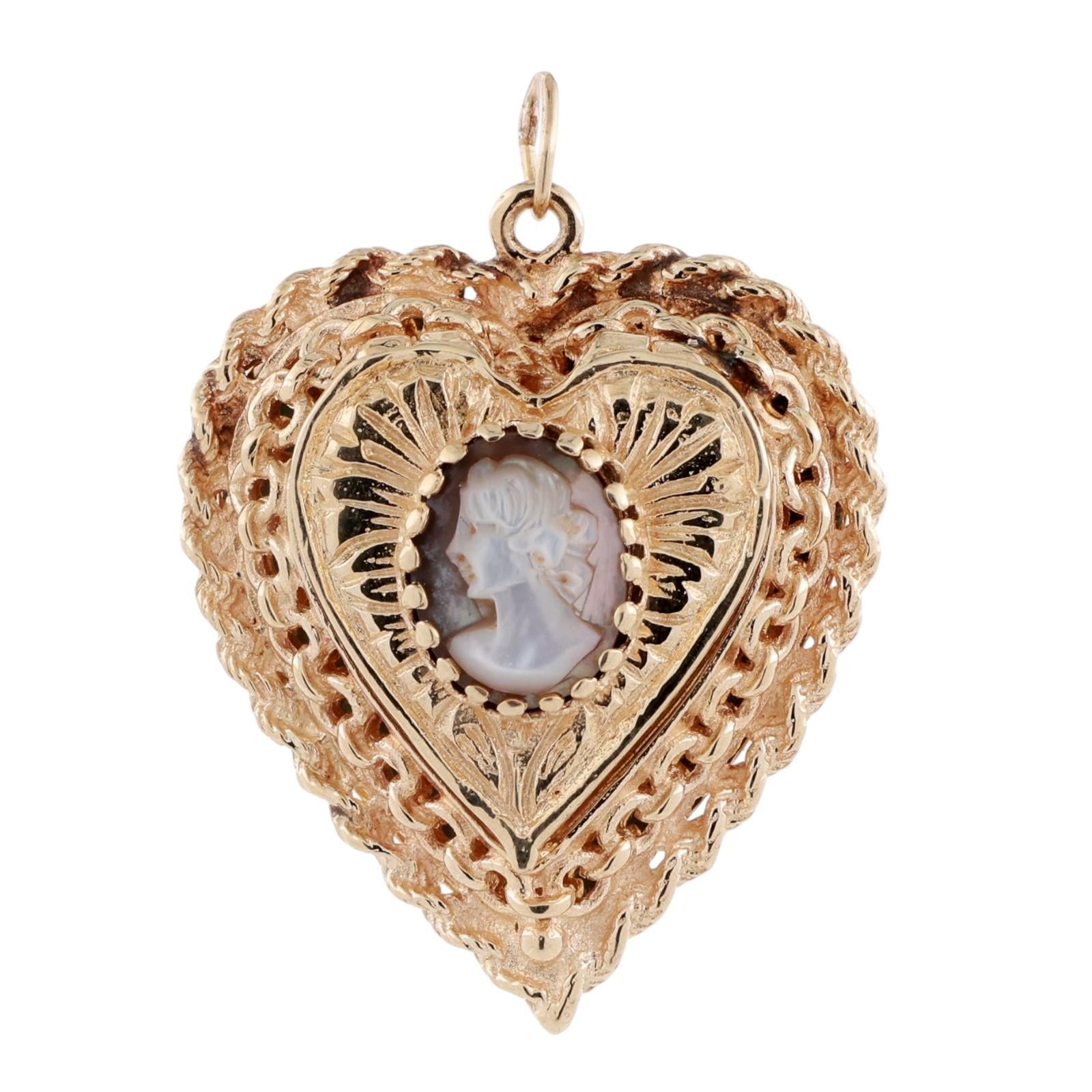 Vintage Cameo Heart Locket Pendant Charm 14K Yellow Gold Filigree Design 1.45"