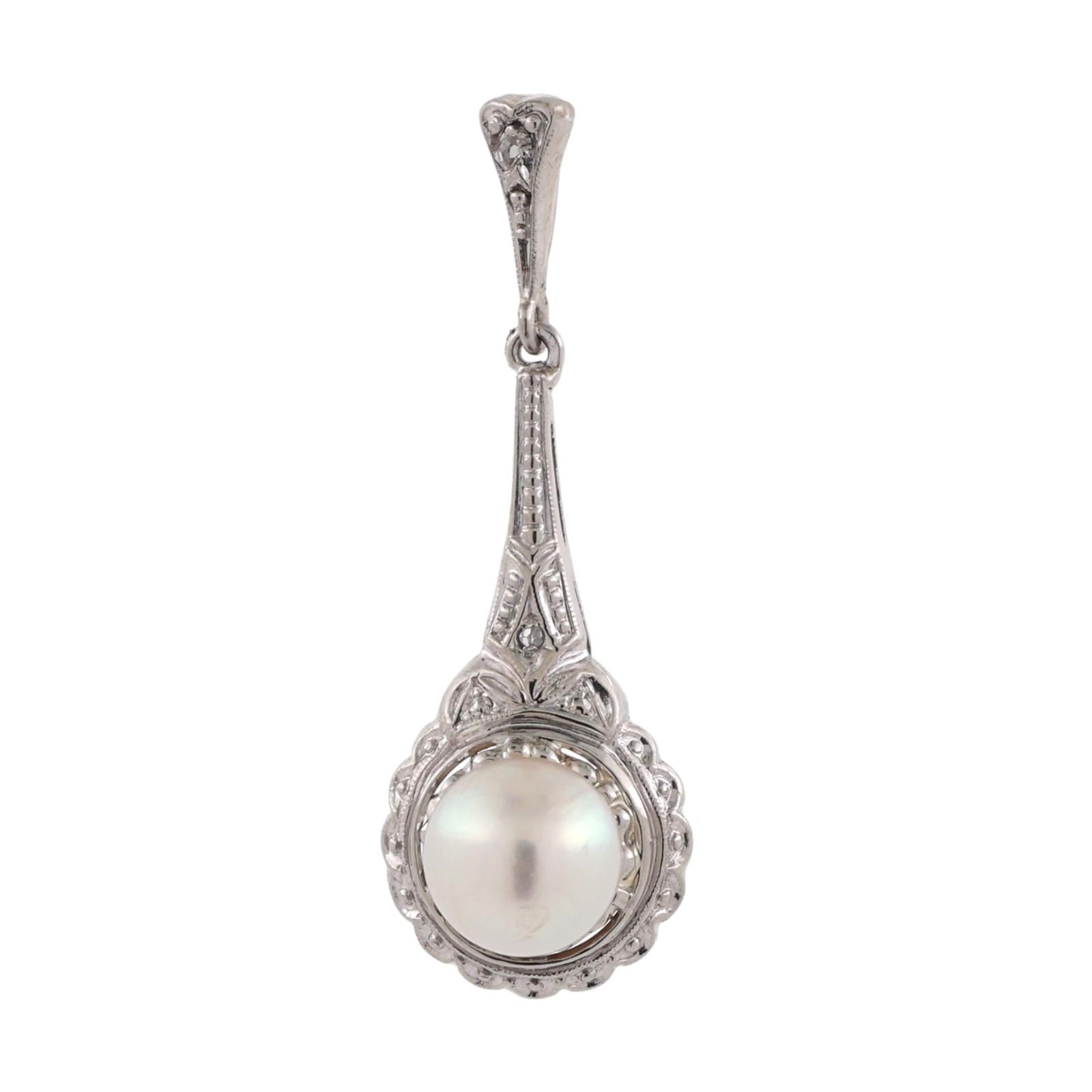 Vintage Pearl Diamond Pendant 14K White Gold 1.20" Ladies Estate