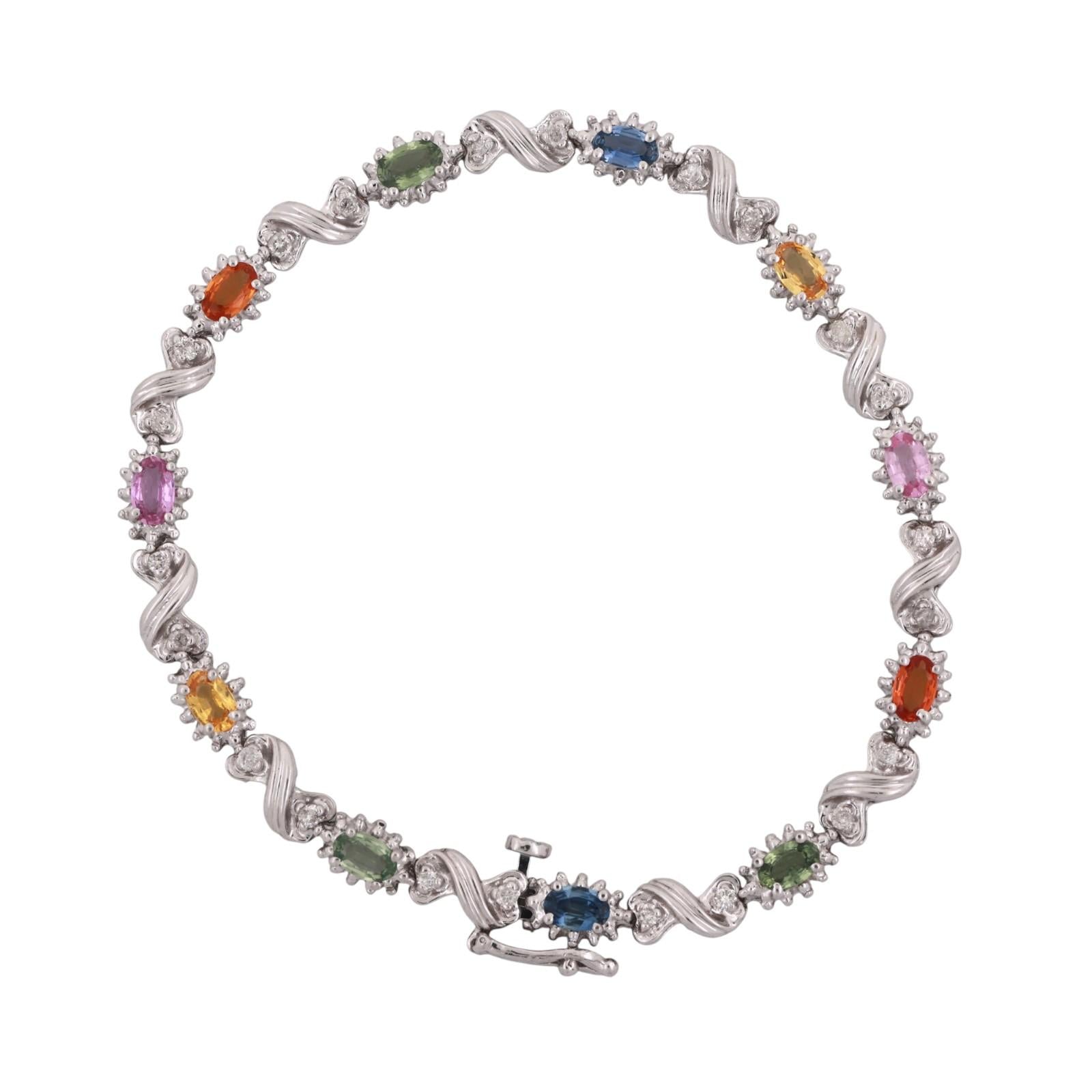 Multi Color Sapphire Diamond Bracelet 14K White Gold S Link 3.88 CTW 7"