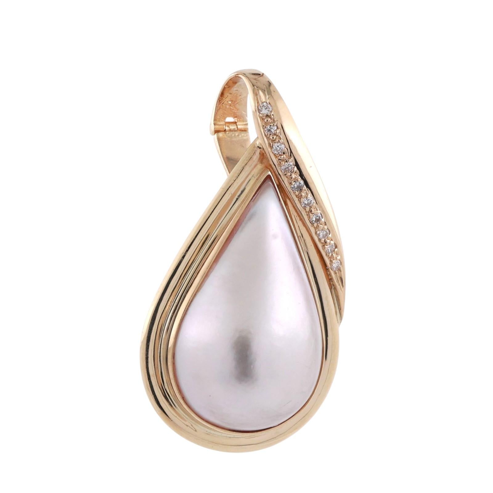 Vintage Mabe Pearl Diamond Teardrop Pendant 14K Yellow Gold Snap Clasp 1.35"