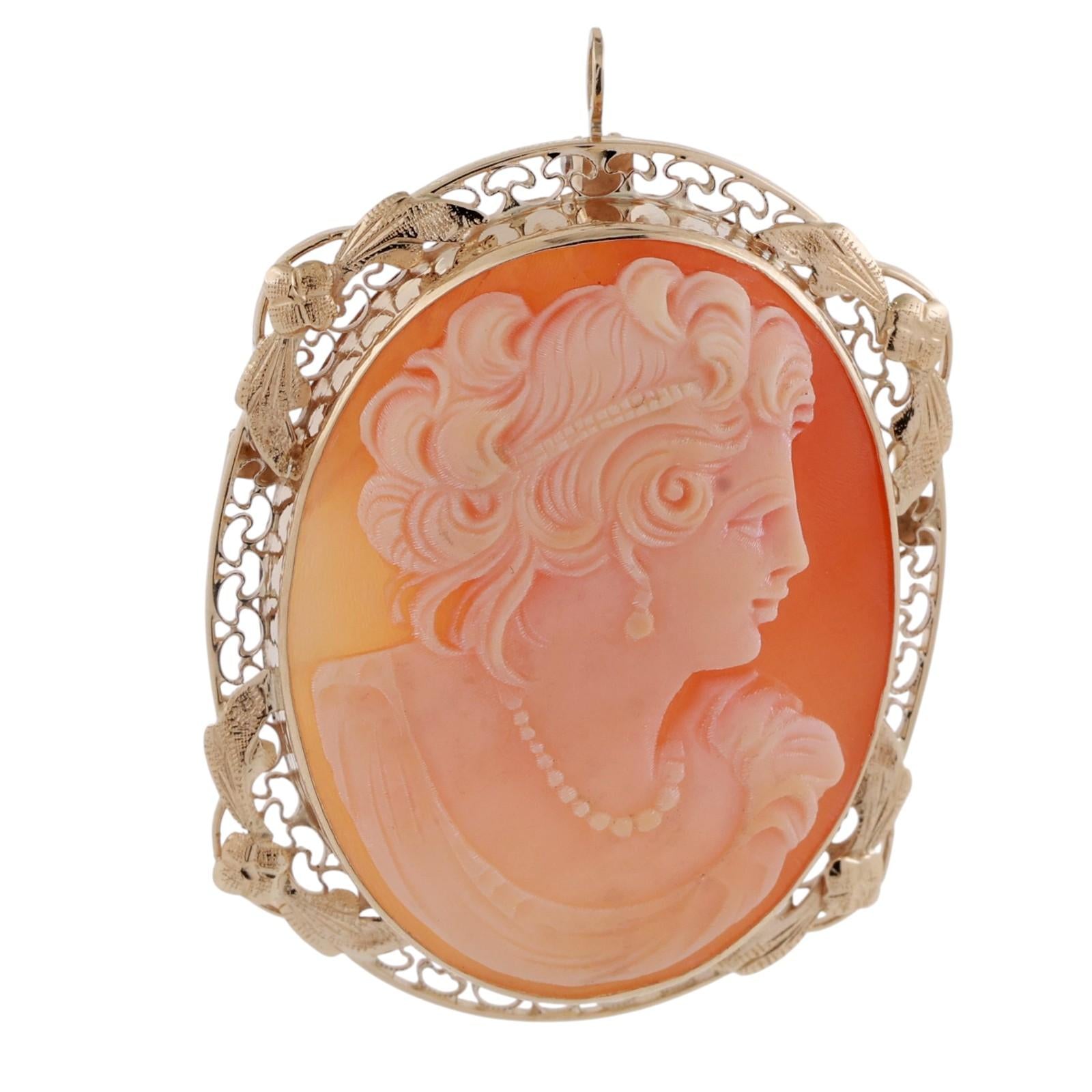 Vintage Cameo Brooch Pin Pendant Yellow Gold Filigree Frame 1.55" Ladies
