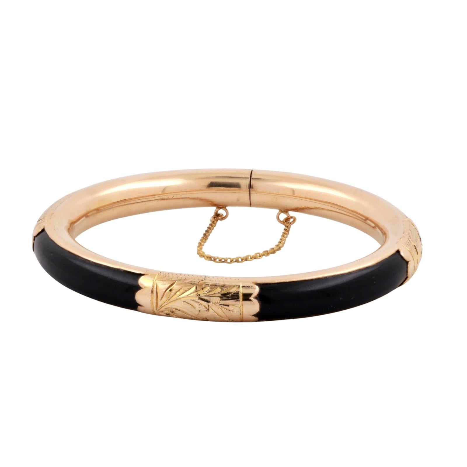 Black Jadeite Gemstone Floral Bangle Bracelet 14K Yellow Gold 7" Estate
