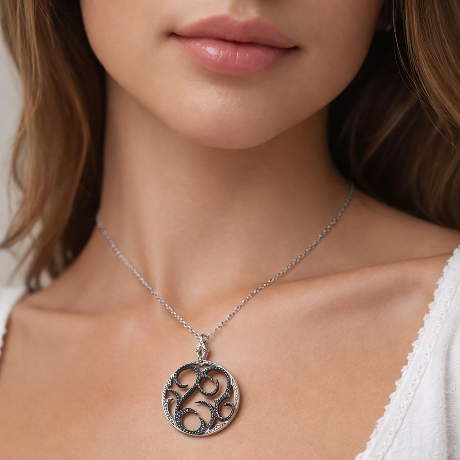 1.61 TW Black White Diamond Round Filigree Pendant Chain Necklace 14K Gold 16"