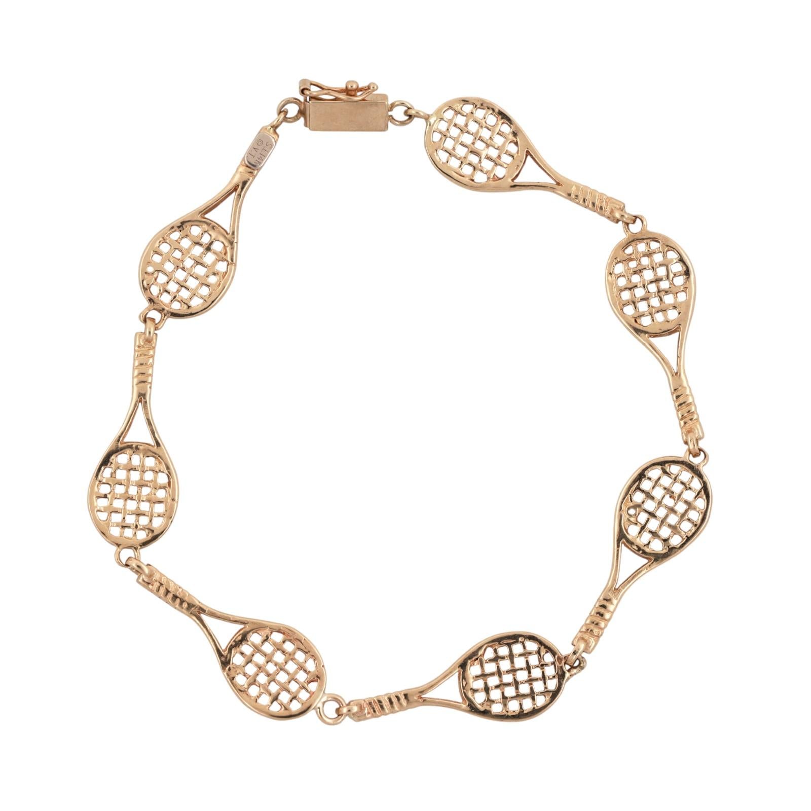 Tennis Racket Charm Link Bracelet 14K Yellow Gold 7.75" Unisex Estate