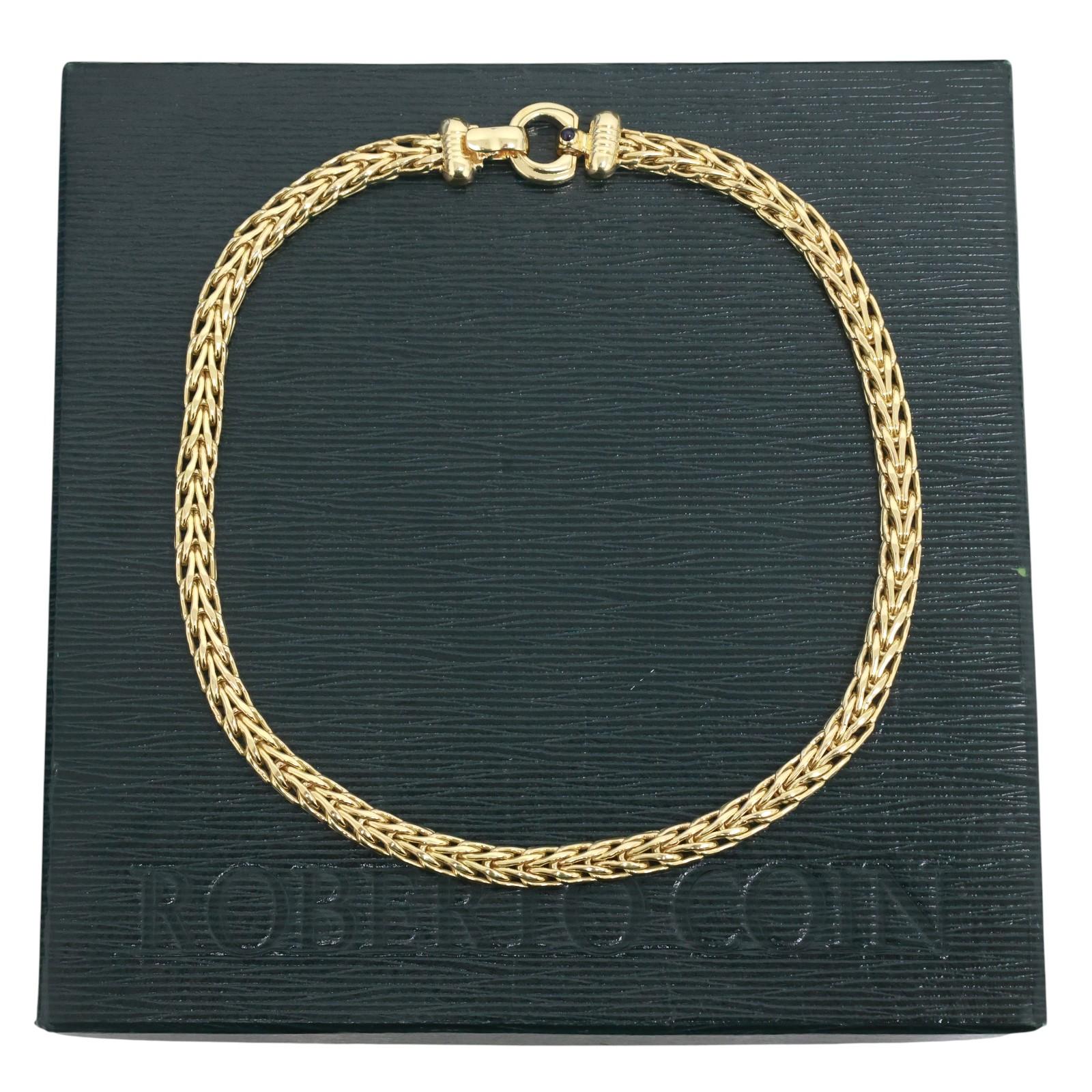 Roberto Coin 18K Yellow Gold Wheat Link Necklace Sapphire Accented Clasp 18"