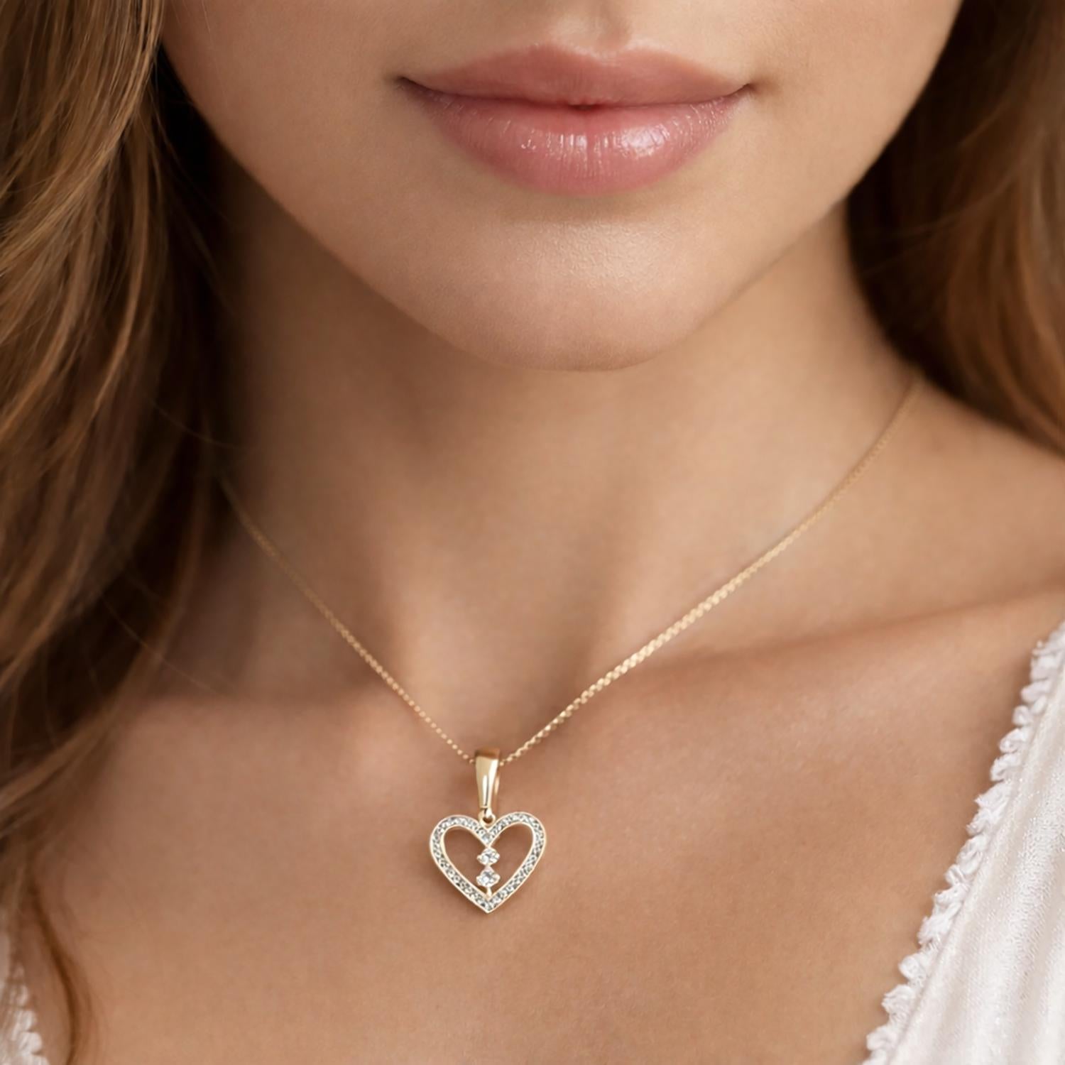 Diamond Open Heart Pendant 10K Gold 0.20 TW Channel Set Diamonds 0.95" Ladies