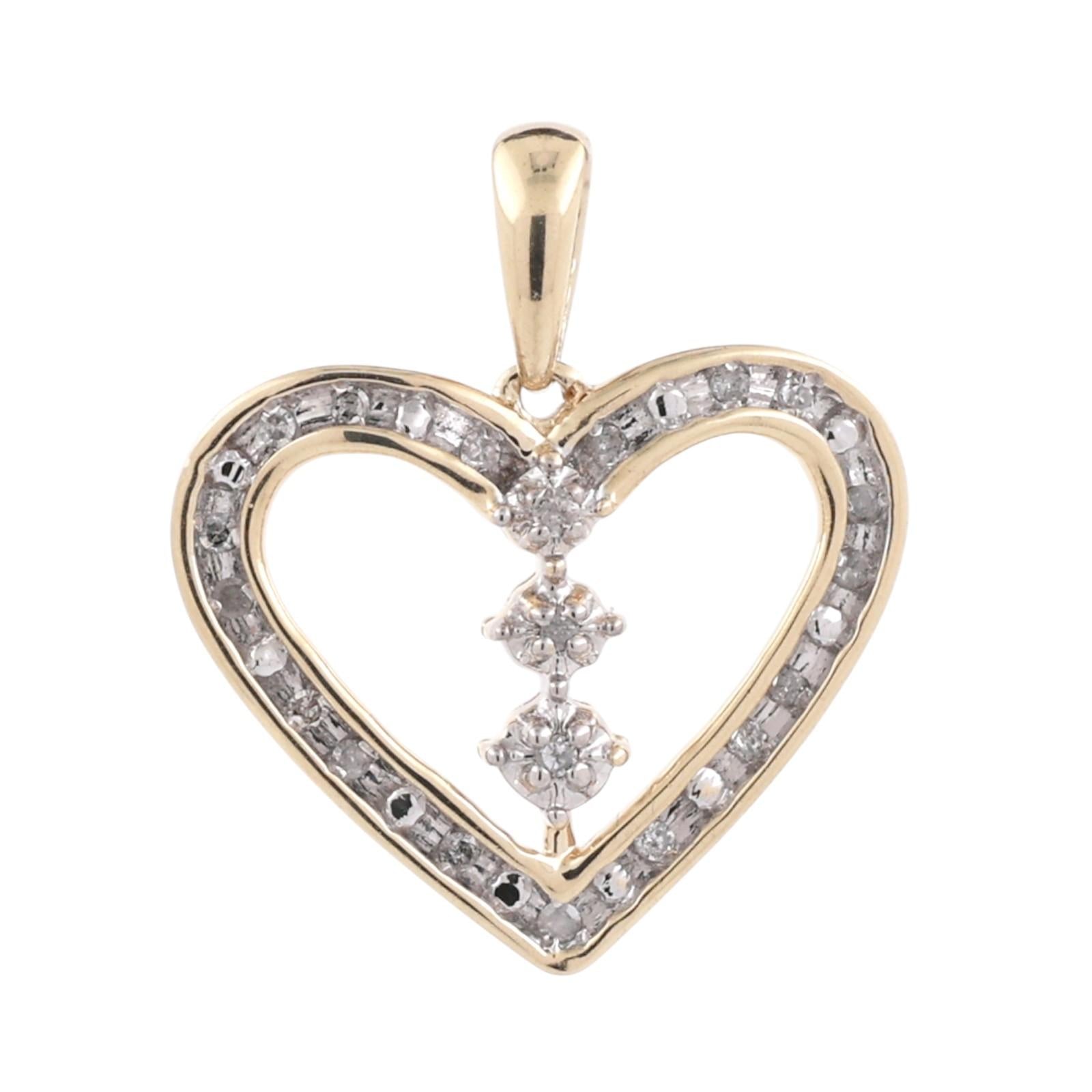 Diamond Open Heart Pendant 10K Gold 0.20 TW Channel Set Diamonds 0.95" Ladies
