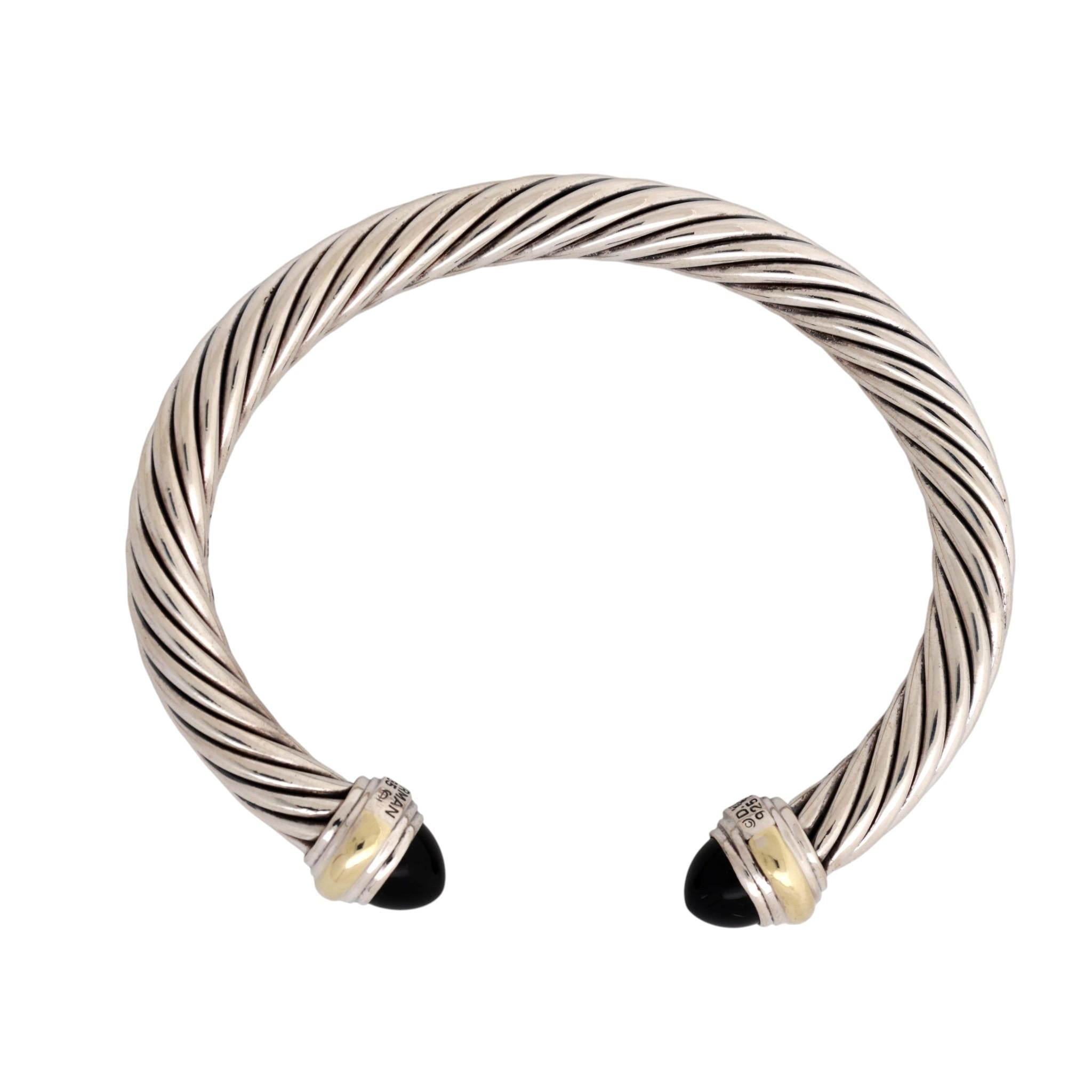 David Yurman Black Onyx Cable Bracelet Sterling Silver 14K Gold 7 mm 6.75"