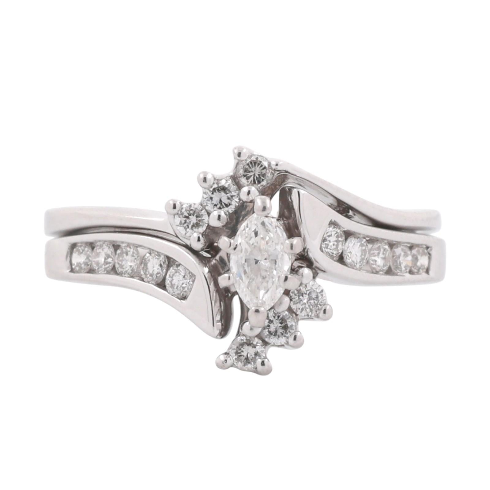 0.50 TW Marquise Round Accent Diamond Floral Cocktail Ring 14K White Gold Size 6
