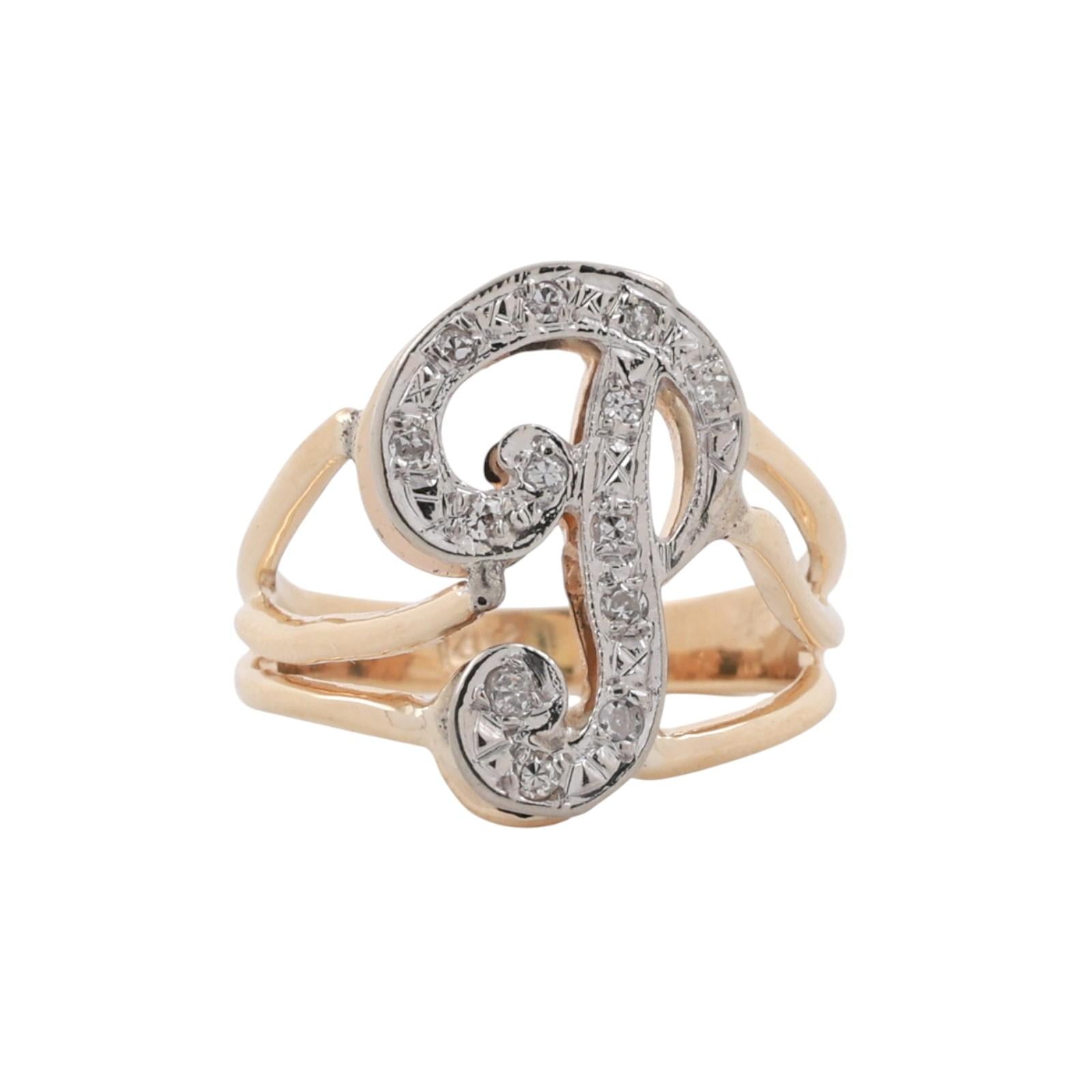 Fancy Letter P Diamond Statement Ring Two-Tone Gold 0.15 TW Size 4 Estate