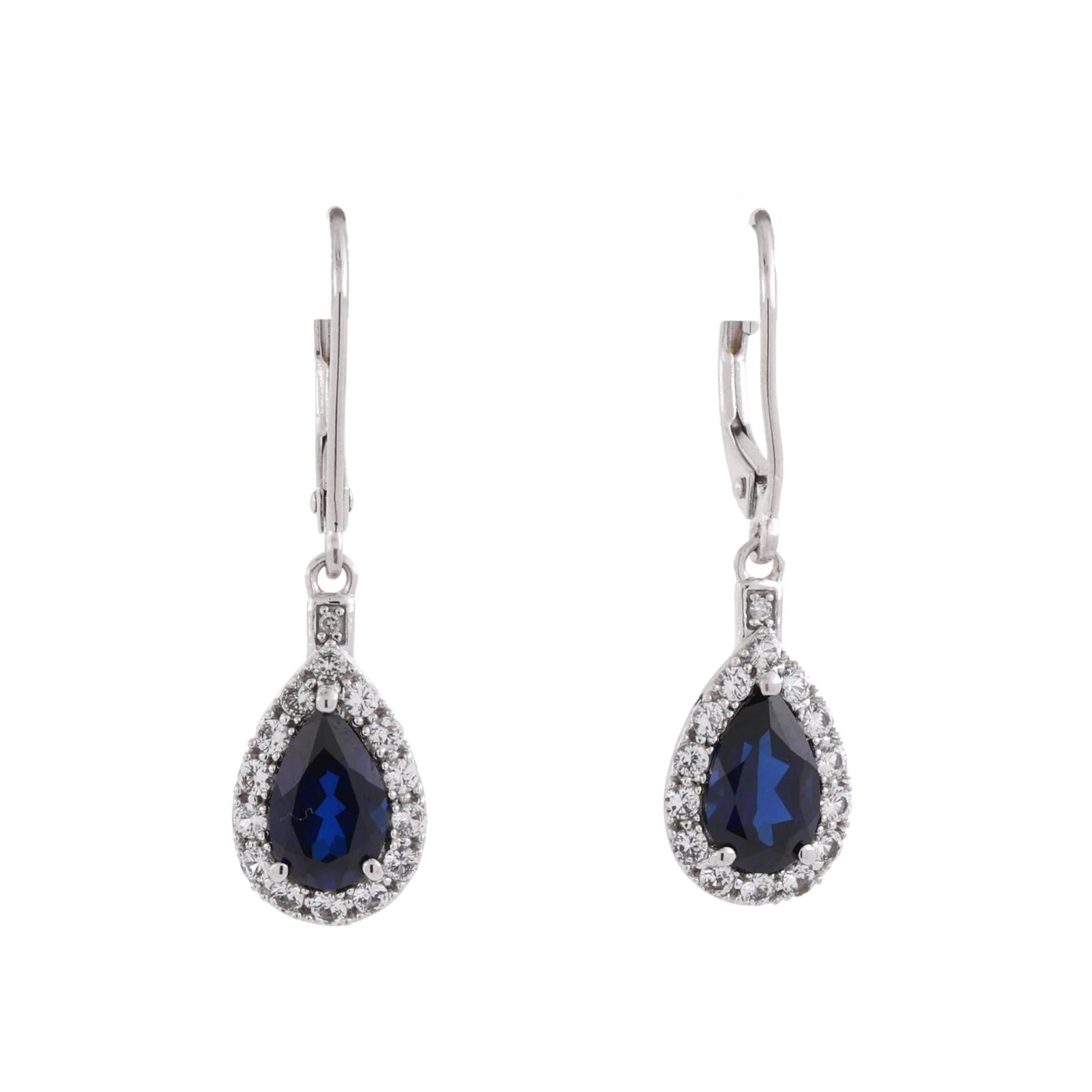 Blue and White Sapphire Teardrop Dangle Drop Earrings 10K White Gold 1.15"