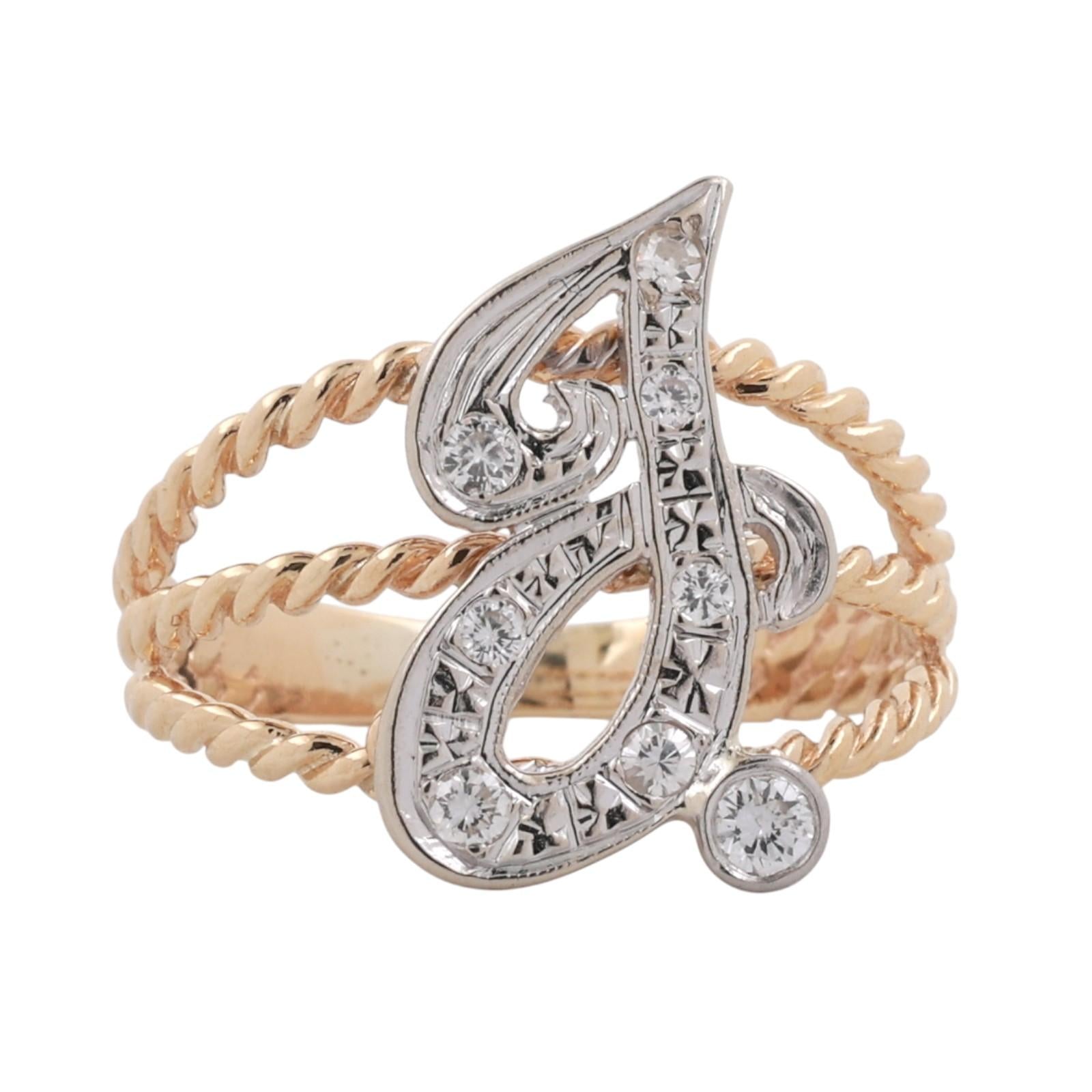 Fancy Letter J Diamond Statement Ring Two-Tone Gold 0.33 TW Size 10 Estate