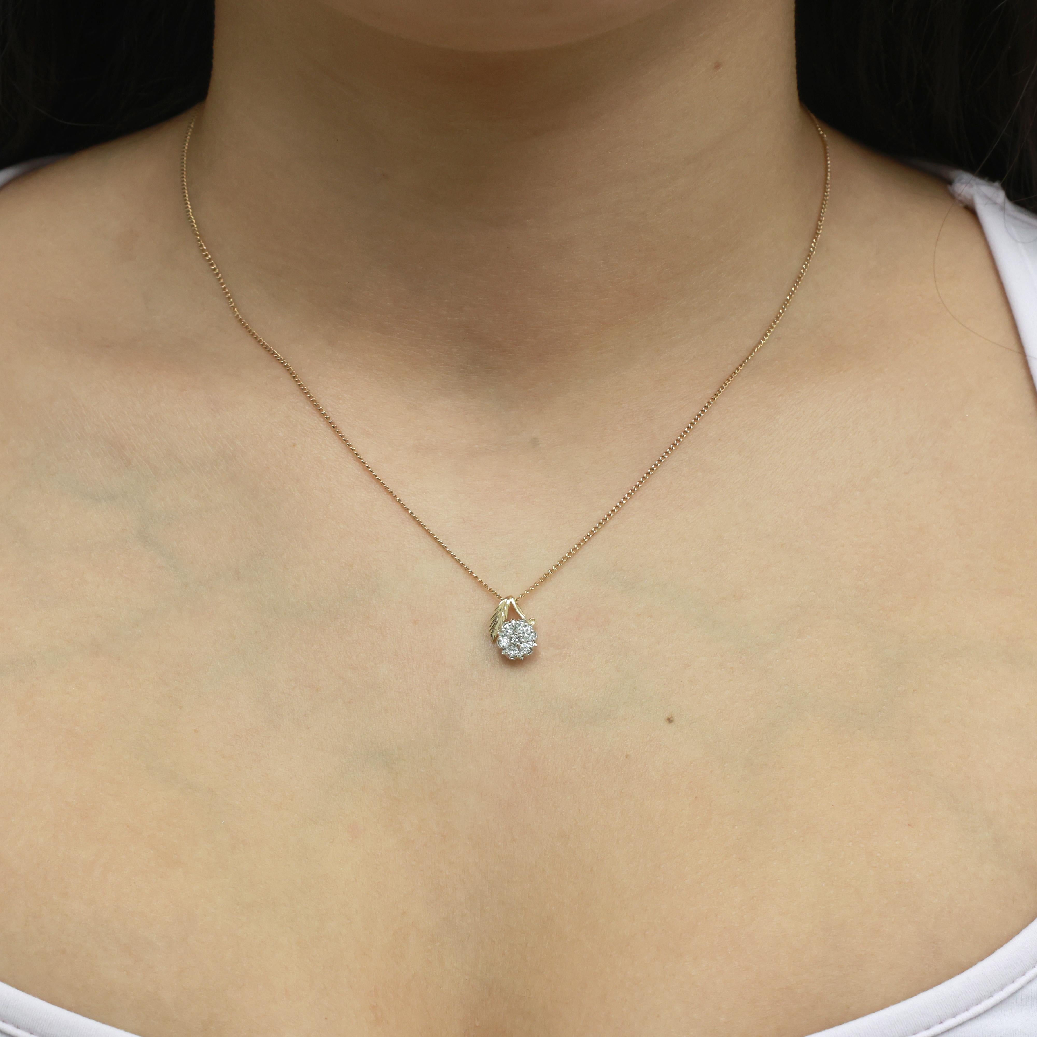 Diamond Floral Pendant Chain Necklace 14K Gold 0.21 TW 16" Ladies Estate