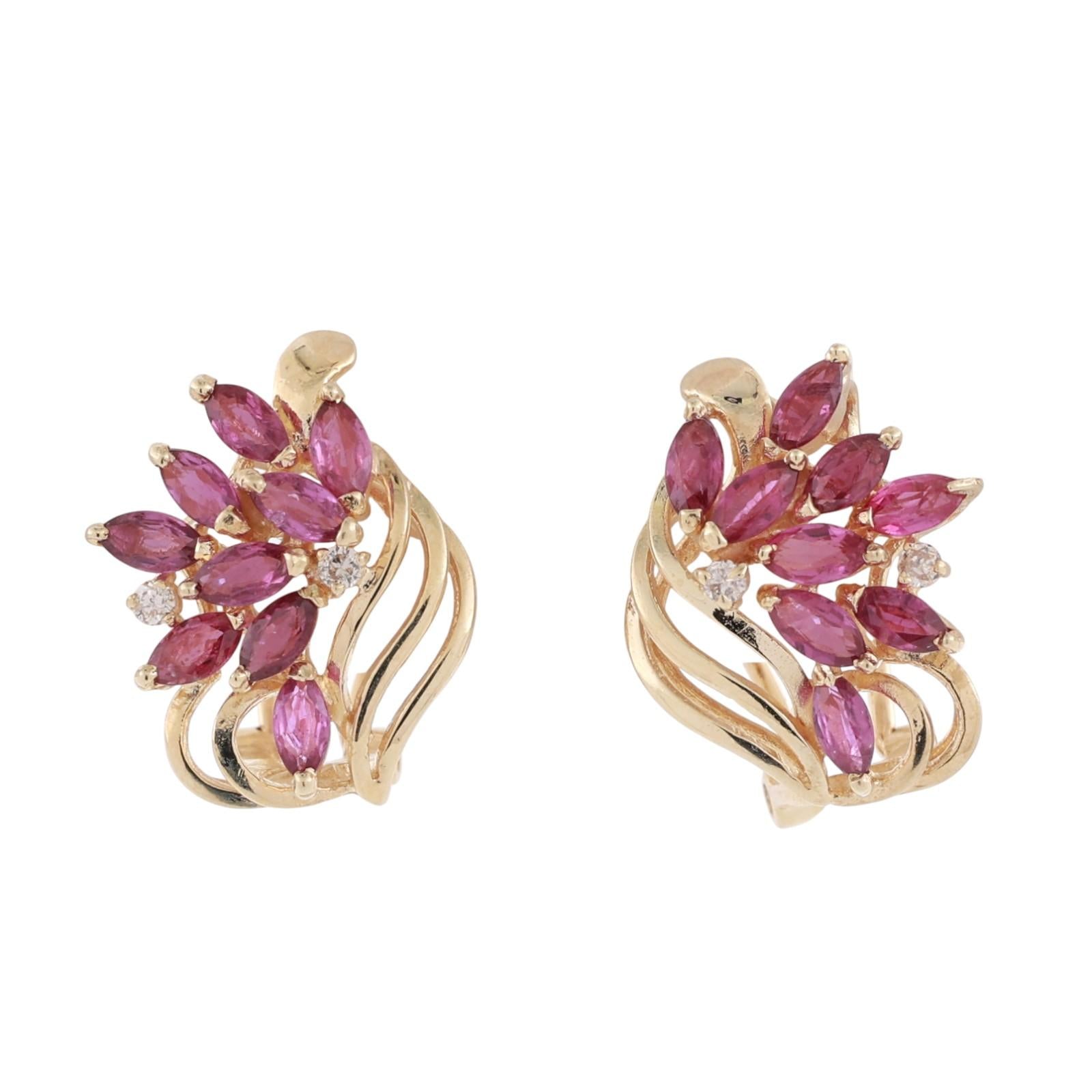 Floral Ruby Diamond Drop Earrings 14K Yellow Gold 0.58 CTW Omega Backs Vintage