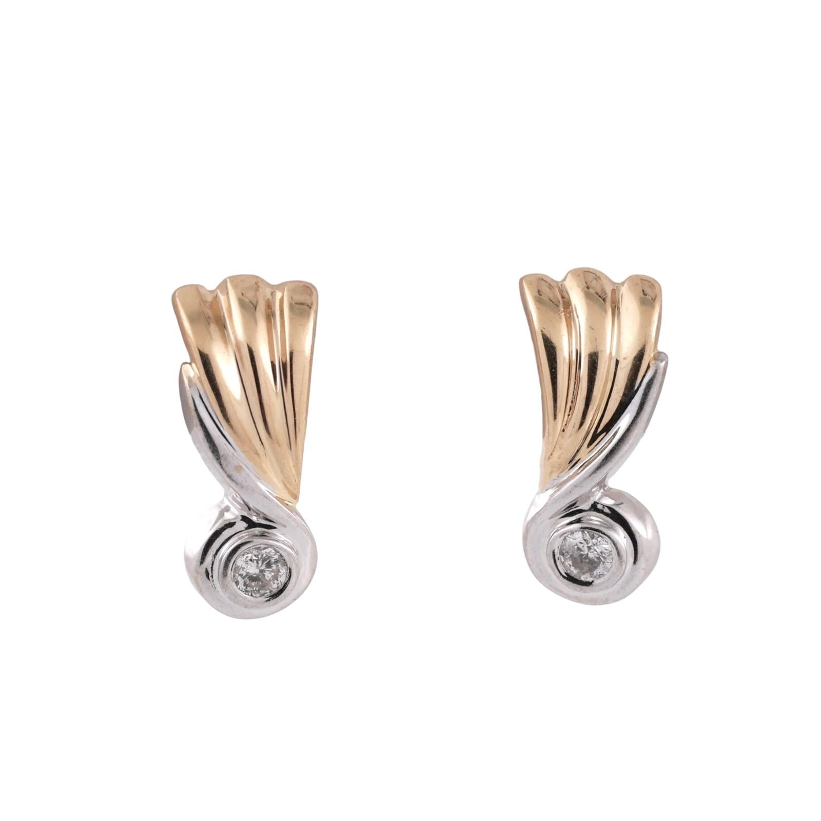 14K Two-Tone Gold 0.25ctw Diamond Swirl Fan Stud Earrings Estate