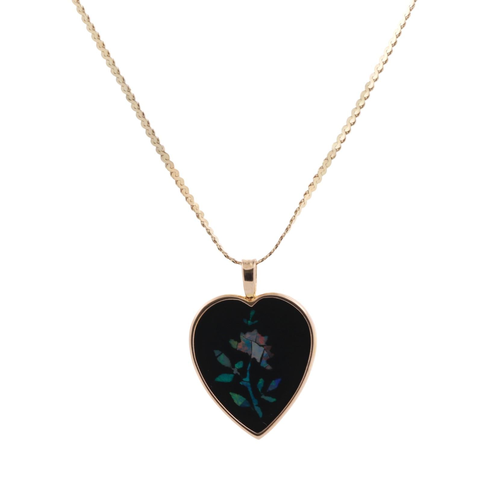 Black Onyx Heart Floral Opal Inlay Pendant Chain Necklace 14K Yellow Gold 15.75”