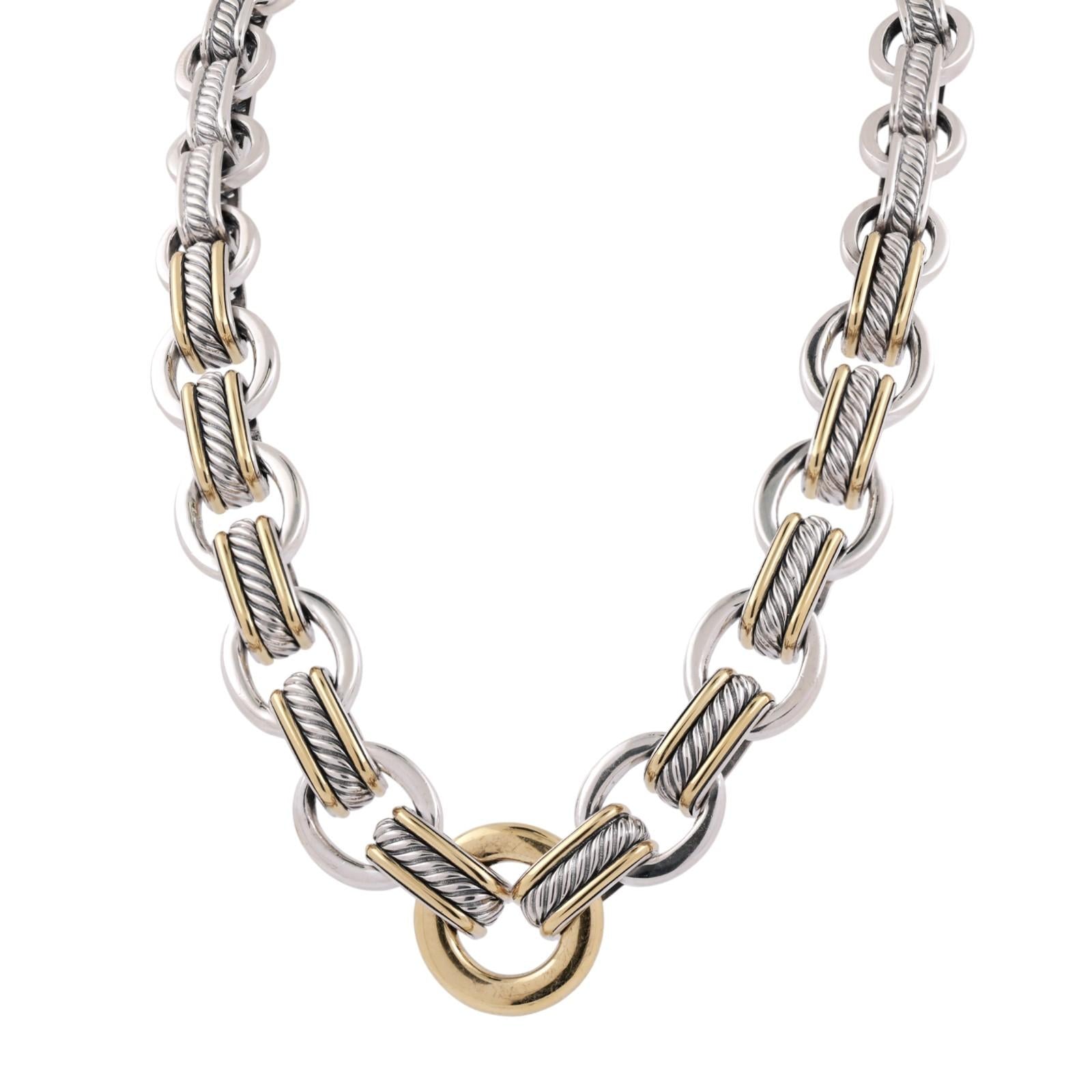 David Yurman Large Cable Ring Link Necklace SS 18K Yellow Gold 16.25"
