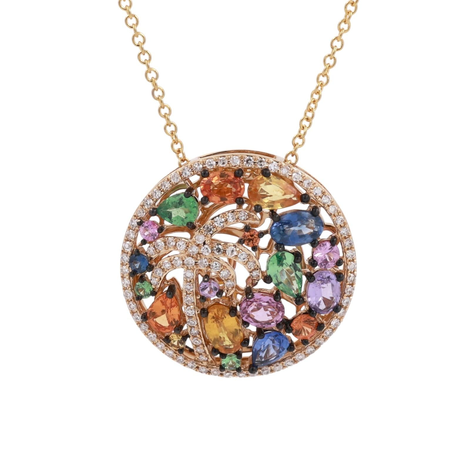 EFFY Multi Color Sapphire Diamond Palm Tree Pendant Chain Necklace 14K Gold 18"