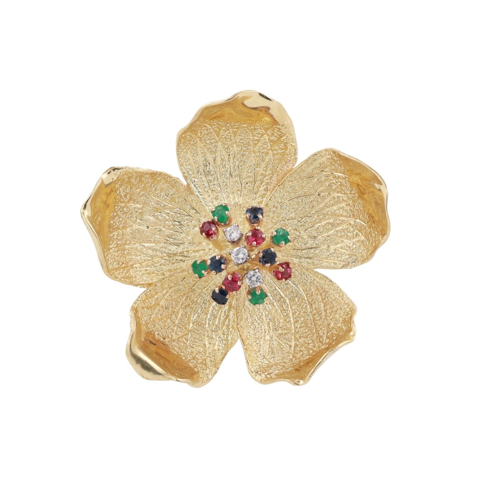 Vintage Multi Gemstone Diamond Floral Brooch Pin 18K Yellow Gold 0.57 CTW 1.50"