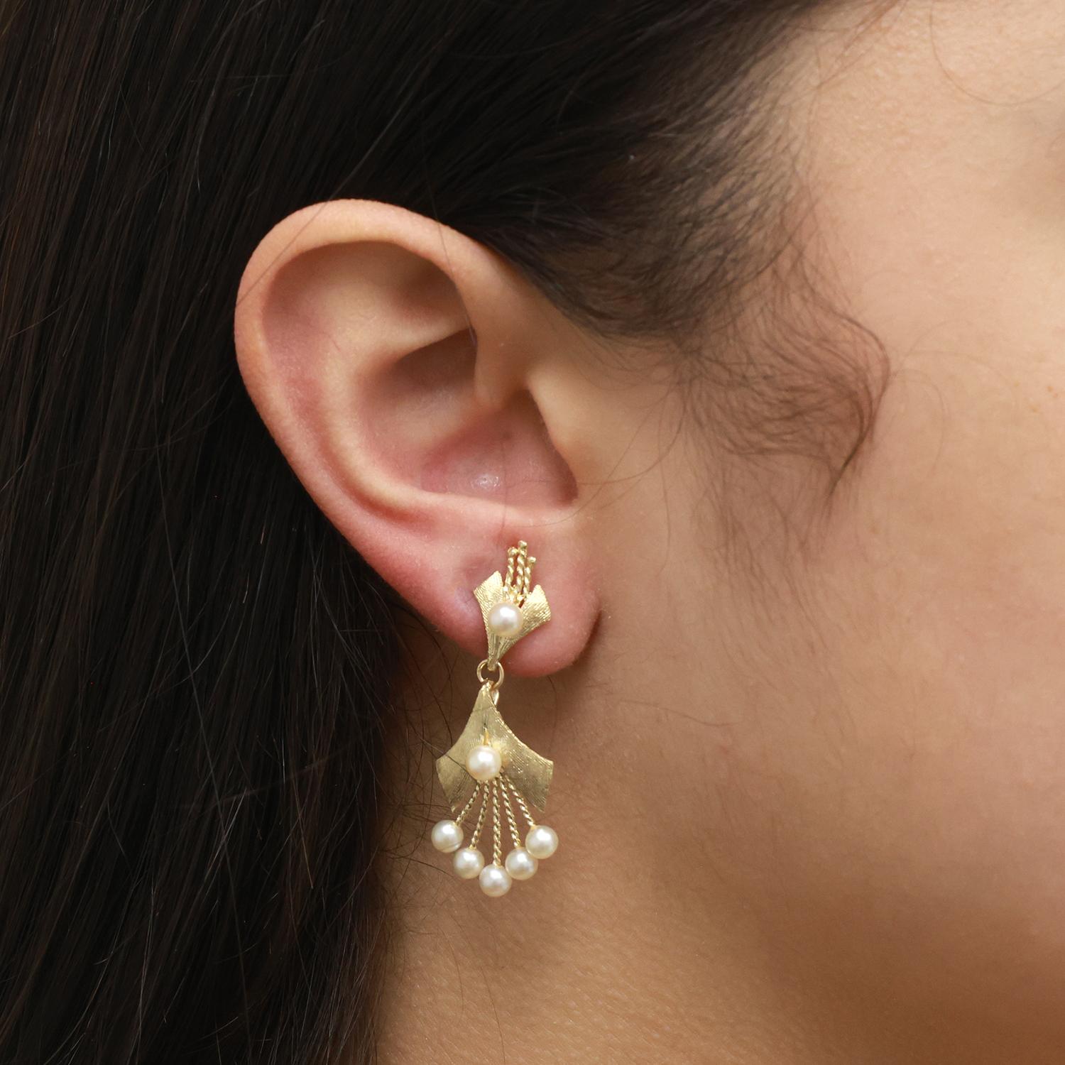 Cultured Akoya Pearl Drop Dangle Earrings 14K Yellow Gold 1.55" Ladies Vintage