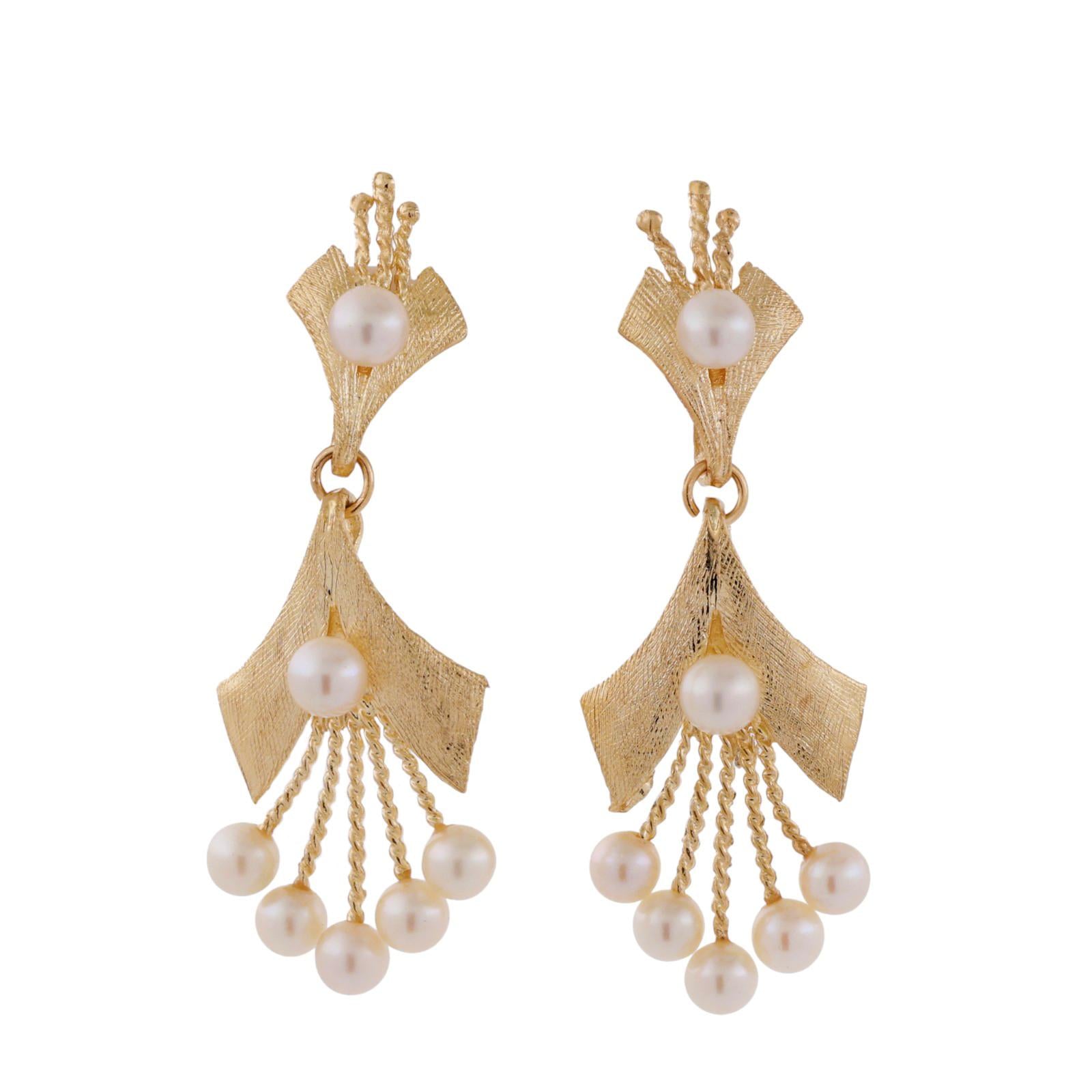 Cultured Akoya Pearl Drop Dangle Earrings 14K Yellow Gold 1.55" Ladies Vintage