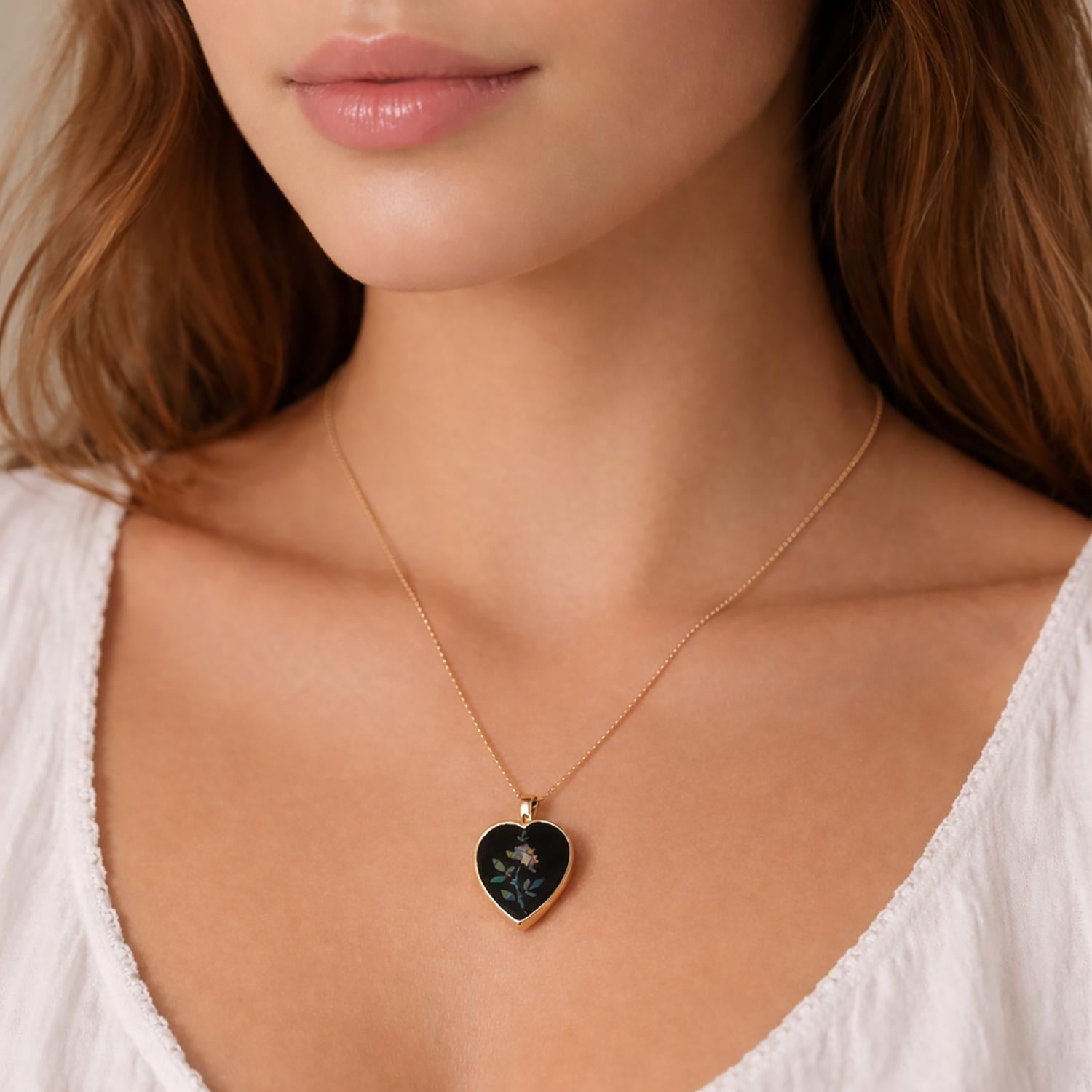 Black Onyx Heart Floral Opal Inlay Pendant Chain Necklace 14K Yellow Gold 15.75”