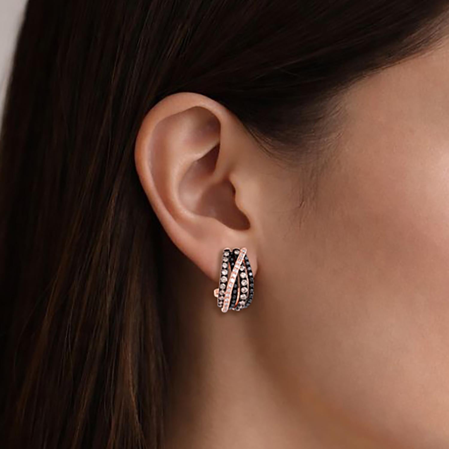 EFFY Crossover Black Brown White Diamond J Hoop Earrings 14K Rose Gold 0.45"