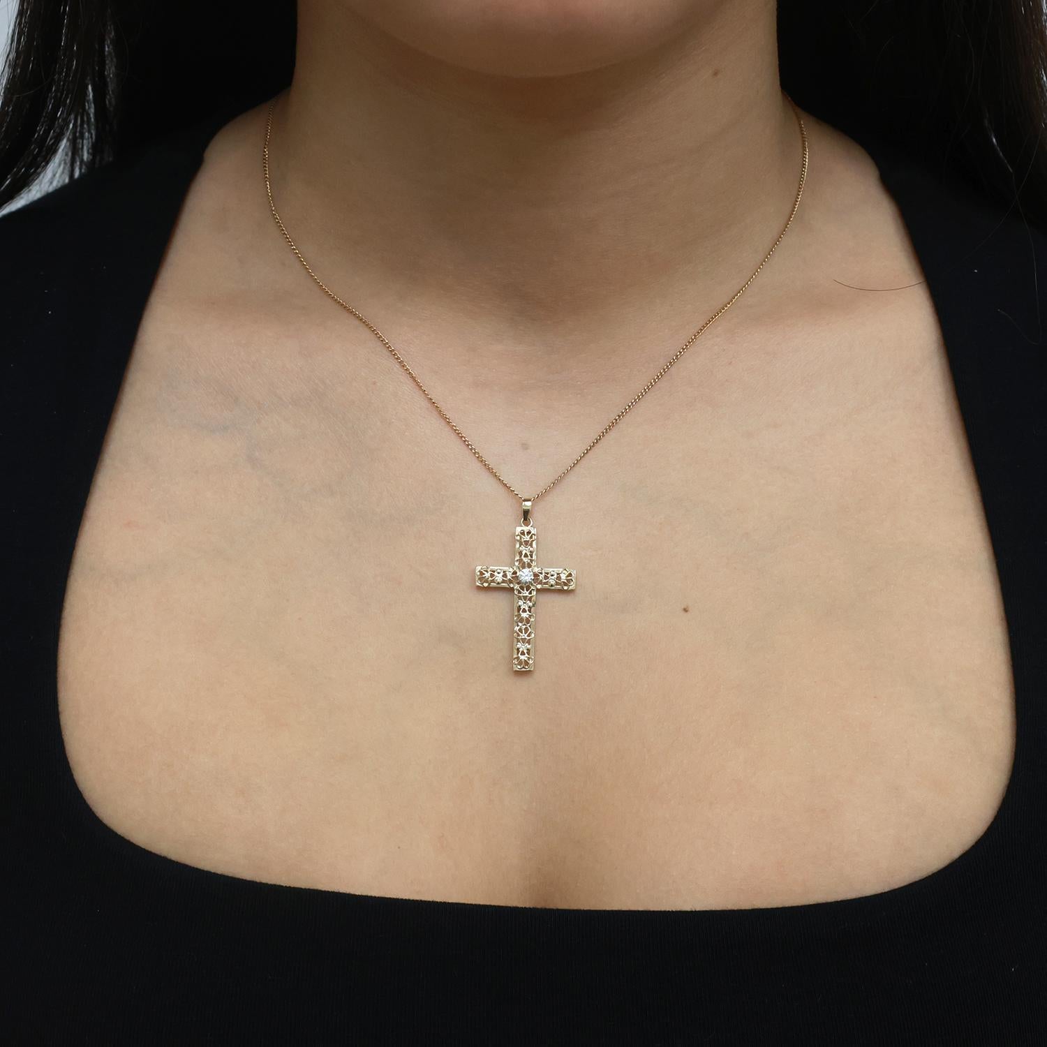 Religious Yellow Gold Filigree Cross Pendant Cubic Zirconia Accent 1.55" Estate