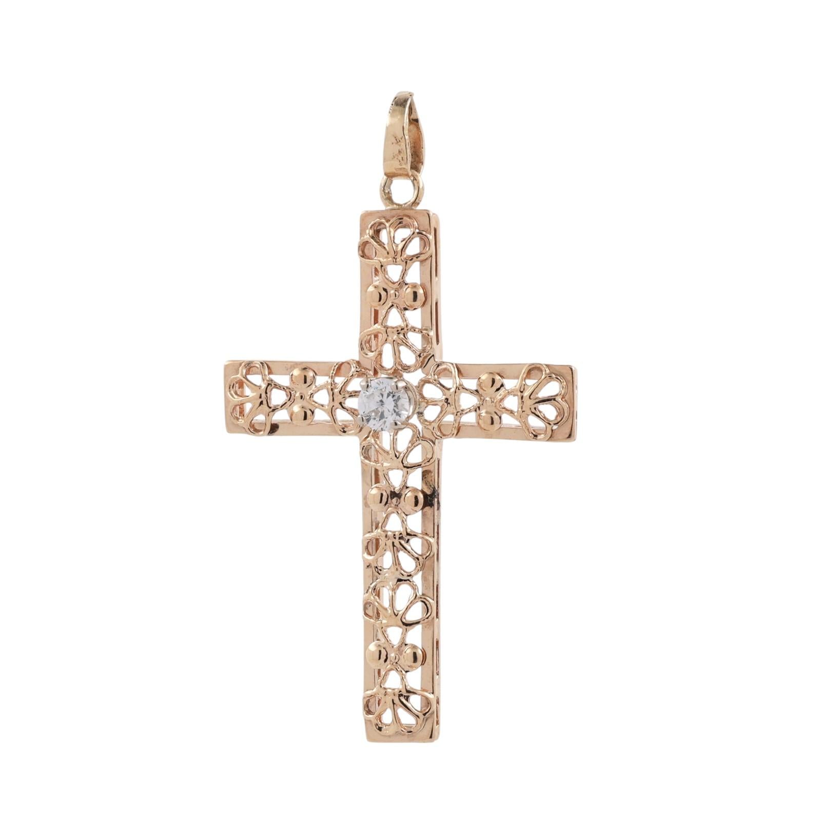 Religious Yellow Gold Filigree Cross Pendant Cubic Zirconia Accent 1.55" Estate
