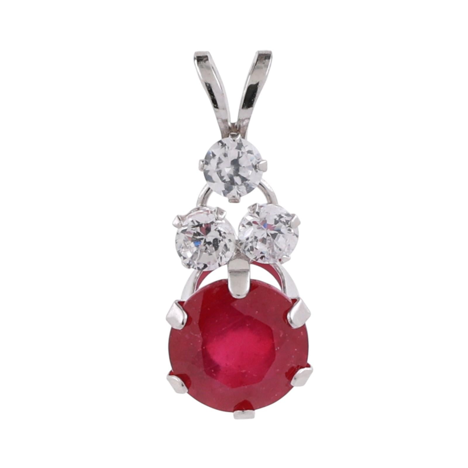 Solitaire Ruby Pendant Charm Cubic Zirconia Gem Accents 10K White Gold 1.05"