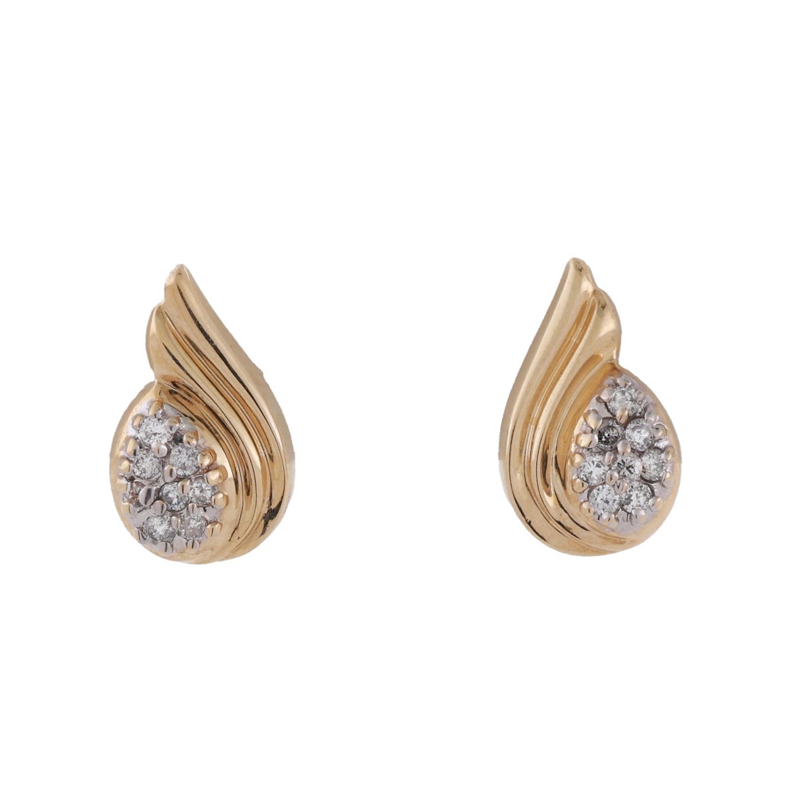 Cluster Diamond Teardrop Stud Earrings 14K Yellow Gold Swirl 0.20 TW 0.35”