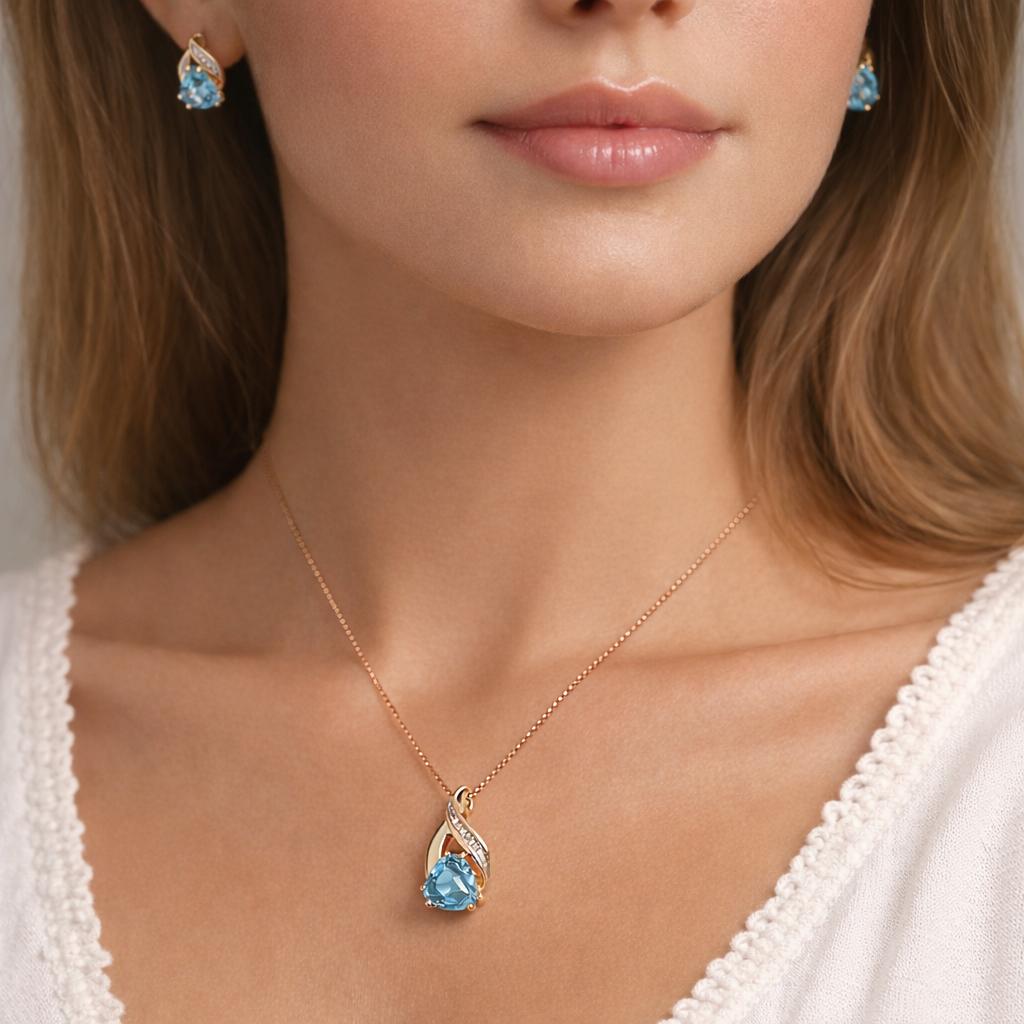 Blue Topaz Diamond Pendant Earring Set 10K Gold 3.65 CTW Ladies Estate