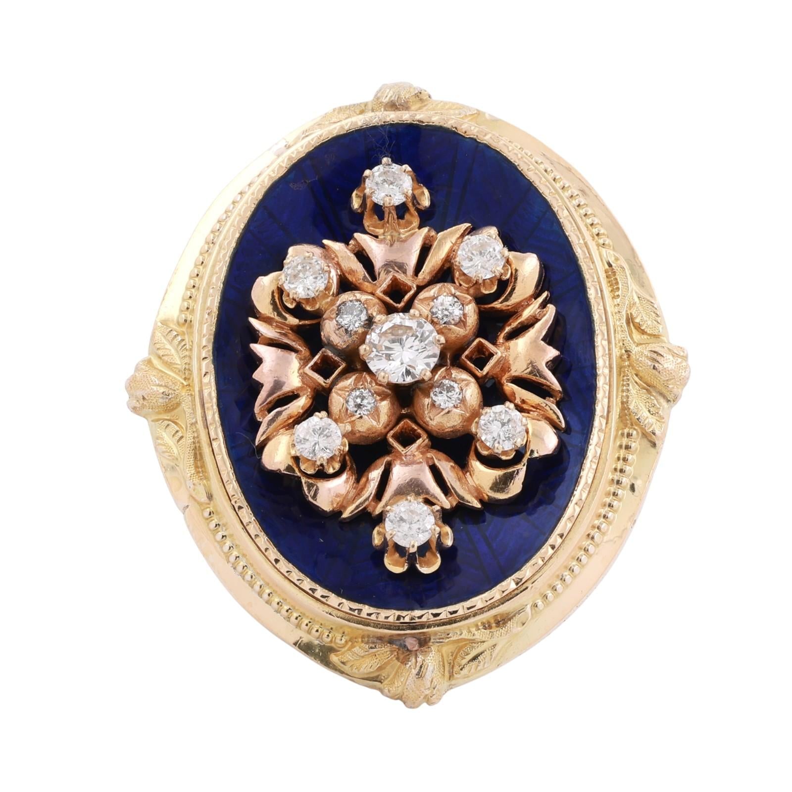 Vintage Diamond Cluster Ring 1.20ct 14K Yellow Gold Blue Enamel Estate Size 7