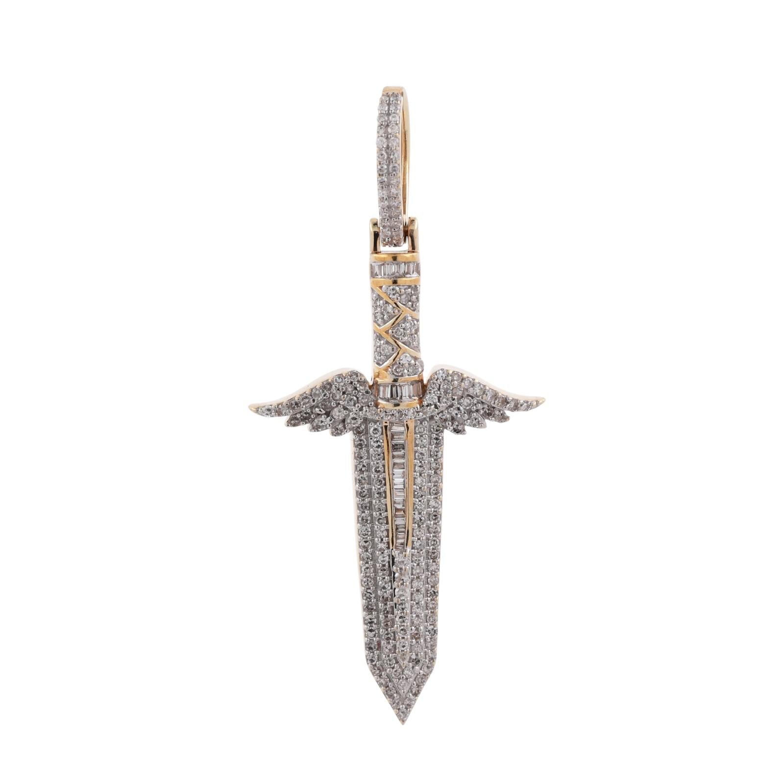 Cluster Diamond Angel Wing Dagger Pendant 1.50 TW 14K Yellow Gold 2.10" Unisex