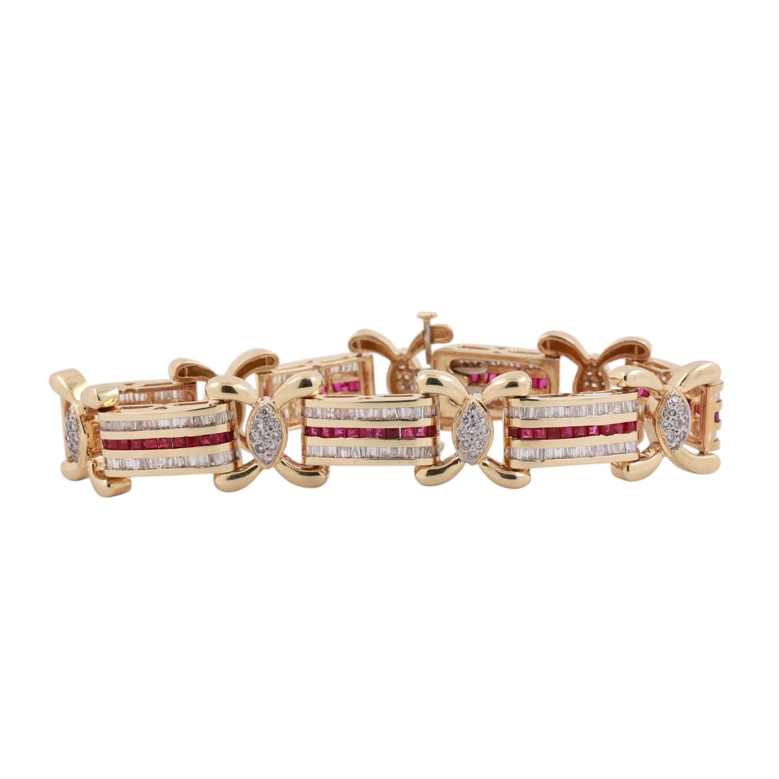 9.61ct Ruby & Diamond Bracelet 14K Two-Tone Gold 8" Wide Baguette Estate