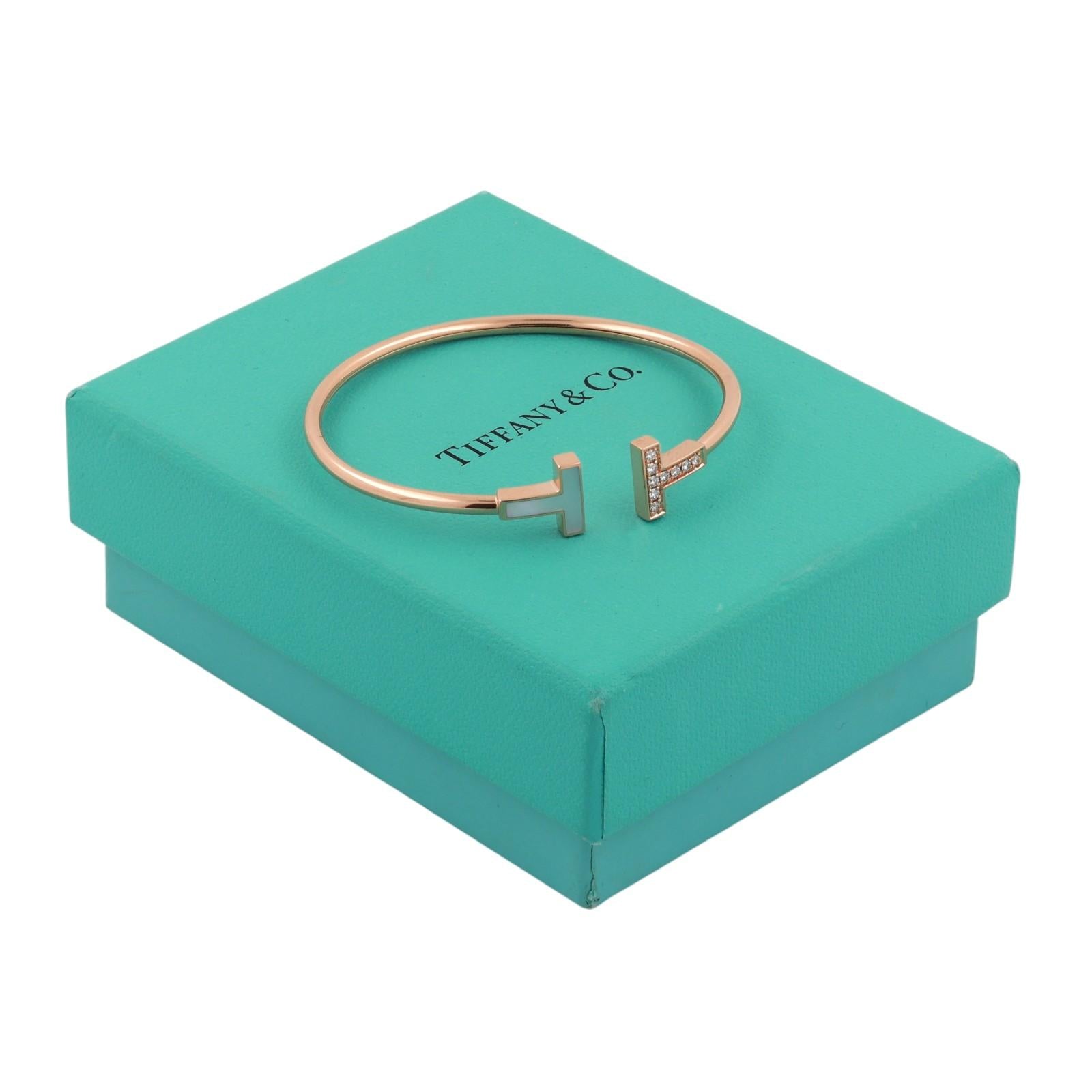 Tiffany & Co. T Wire Bracelet 18K Rose Gold Diamonds and Mother-of-Pearl Size 6