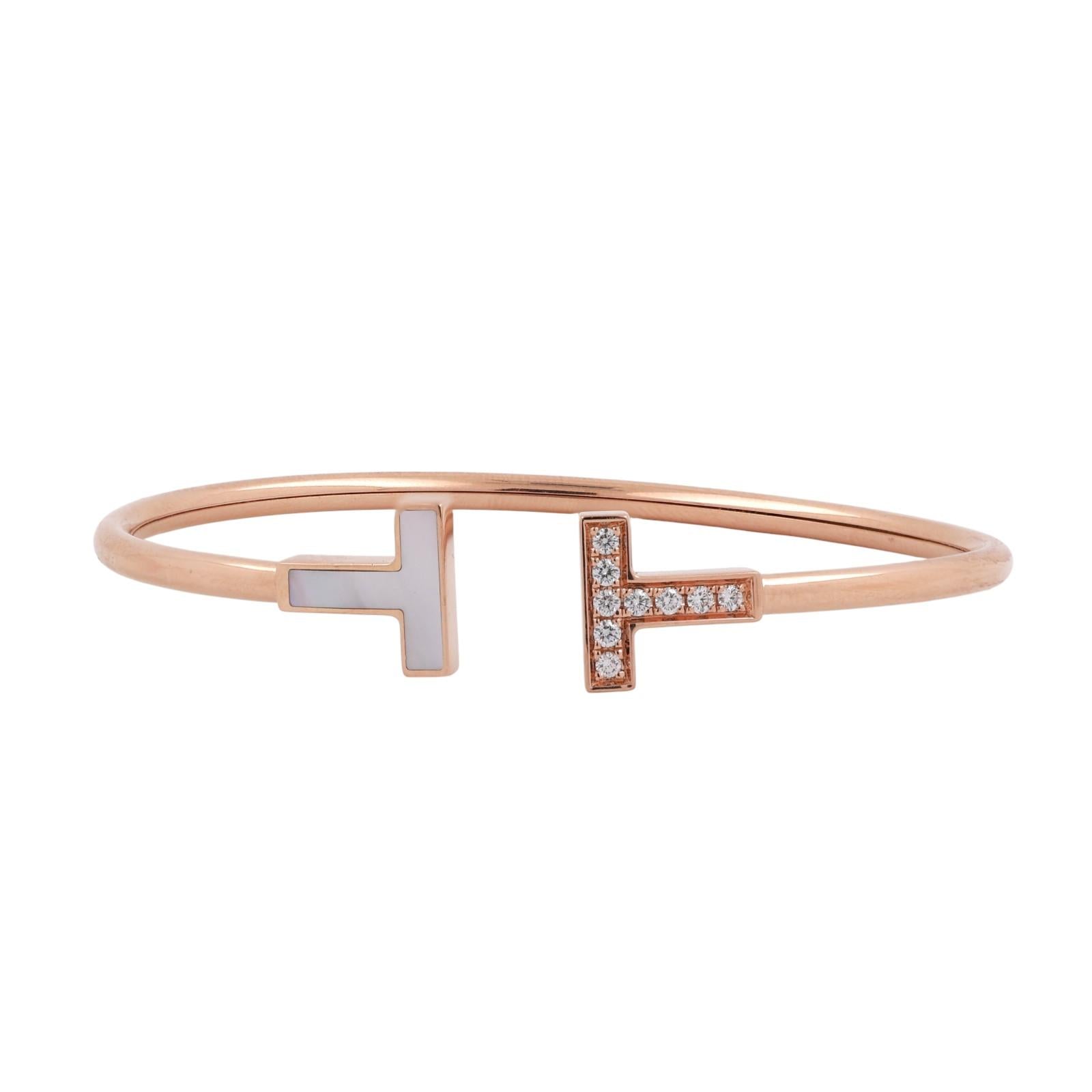 Tiffany & Co. T Wire Bracelet 18K Rose Gold Diamonds and Mother-of-Pearl Size 6