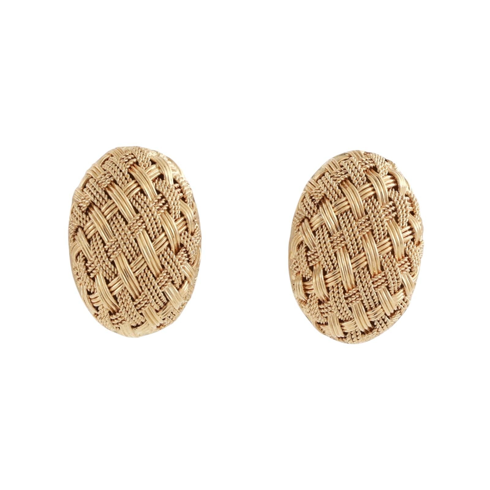 18K Yellow Gold Oval Basket Weave Dome Stud Earrings 0.30" Ladies Estate