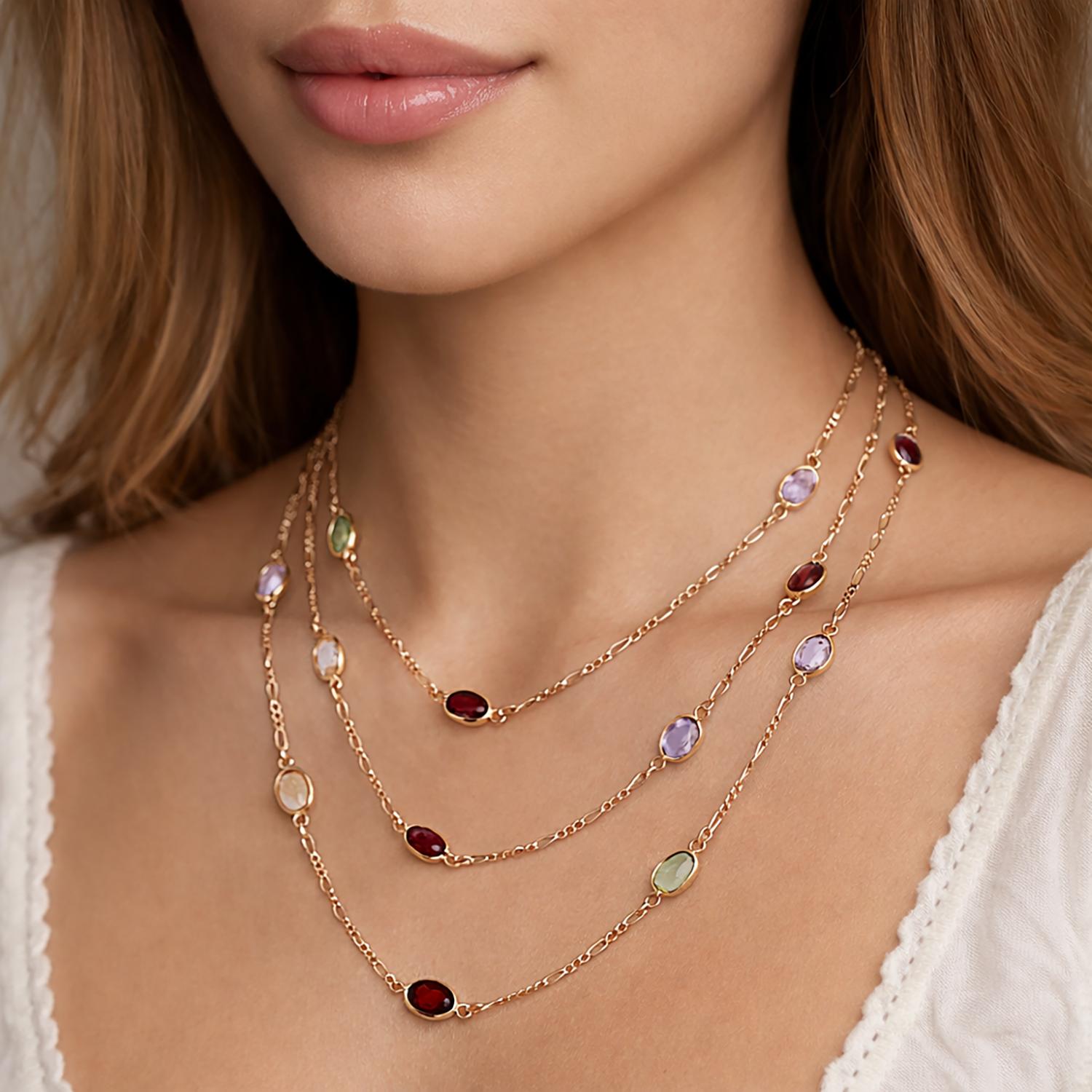 Multi-Gemstone 3-Layer Chain Necklaces 14K Yellow Gold 19.36 CTW 18.25"-35"