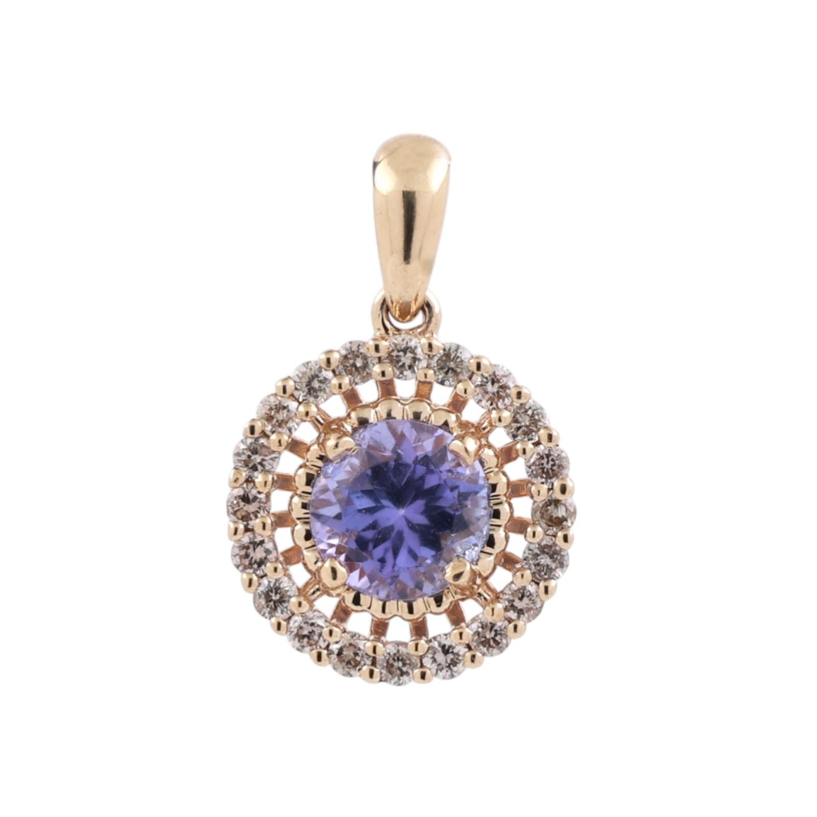Round Tanzanite Halo Diamond Pendant Charm 14K Yellow Gold 1.28 CTW 0.75" Estate