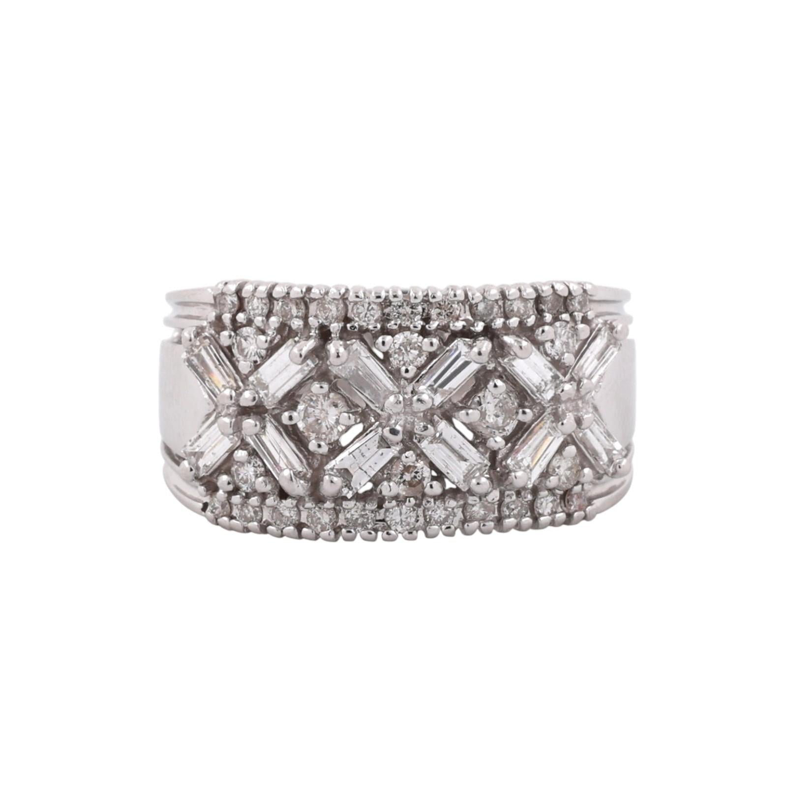14K White Gold 1.00CTW Round and Baguette Diamond Wide Band Ring Size 8