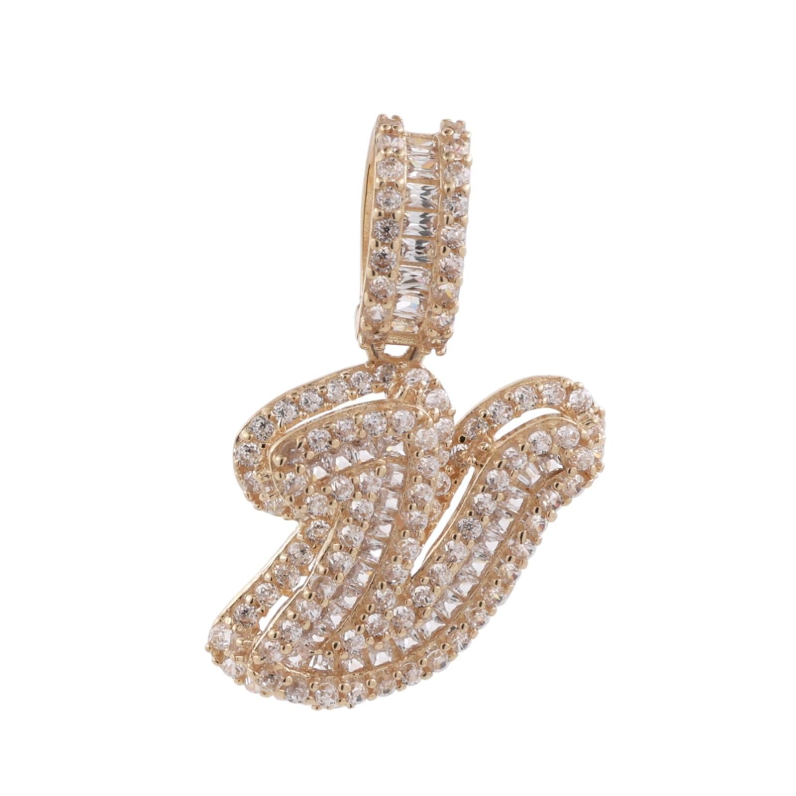 Fancy Letter V Cubic Zirconia Pendant 14K Yellow Gold 1" Unisex Estate