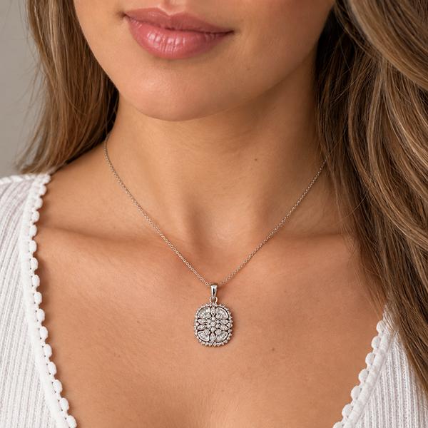 Diamond Floral Cluster Pendant 14K White Gold 1.00 CTW Round Baguette