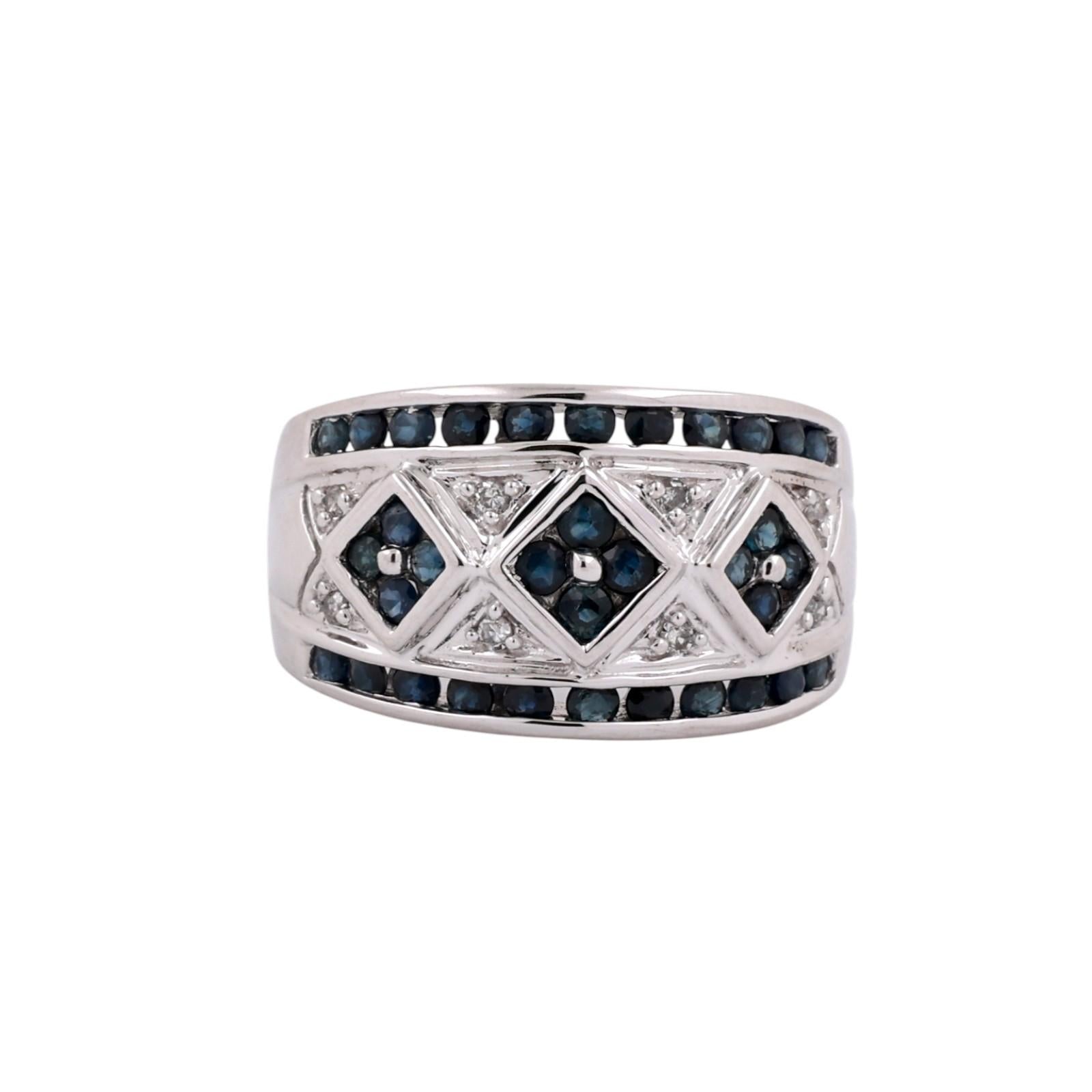 Sapphire Diamond Wide Band Ring 14K White Gold 1.46 CTW Size 8 Ladies Estate