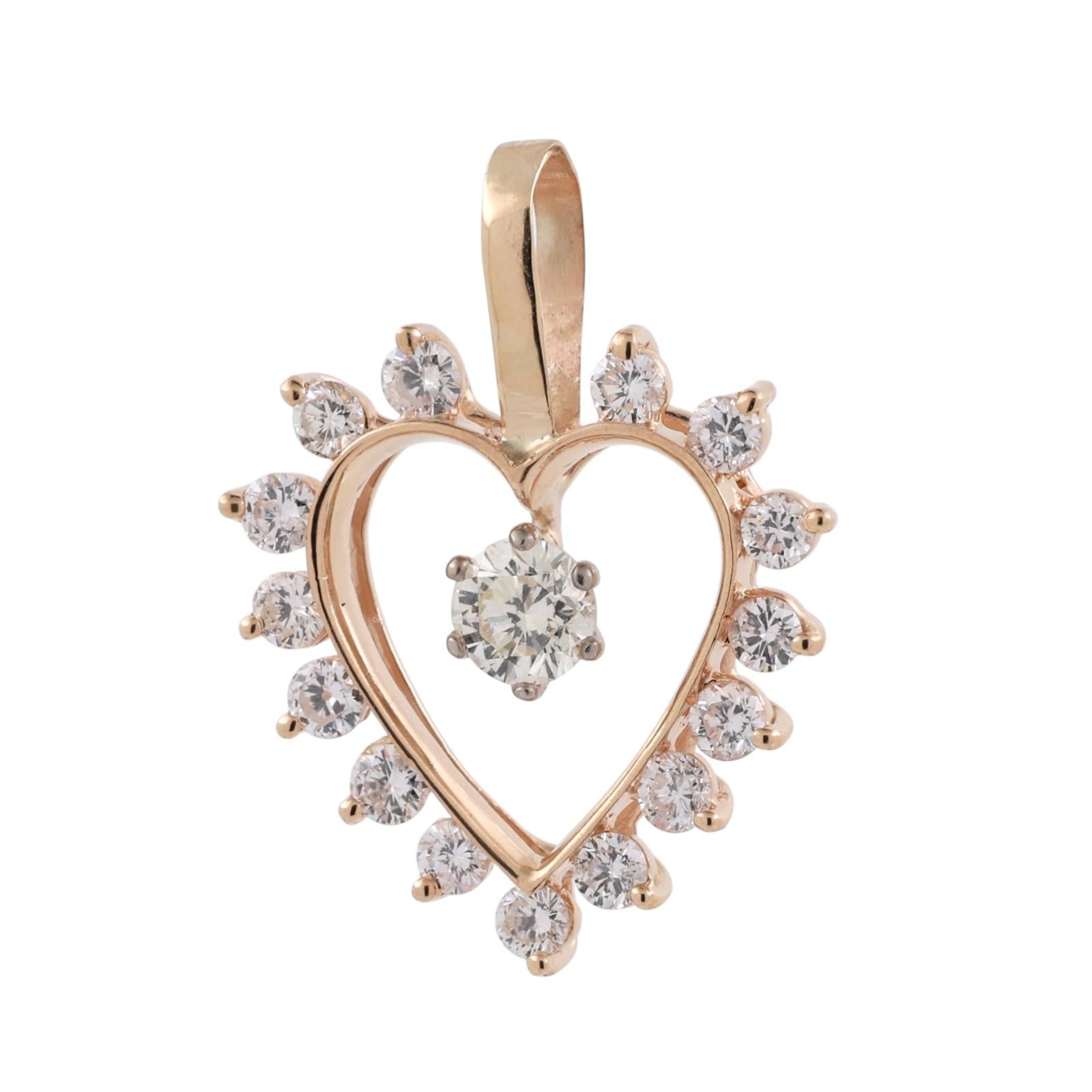 Vintage Diamond Open Heart Pendant Charm Yellow Gold 2.75 TW 1.30" Ladies