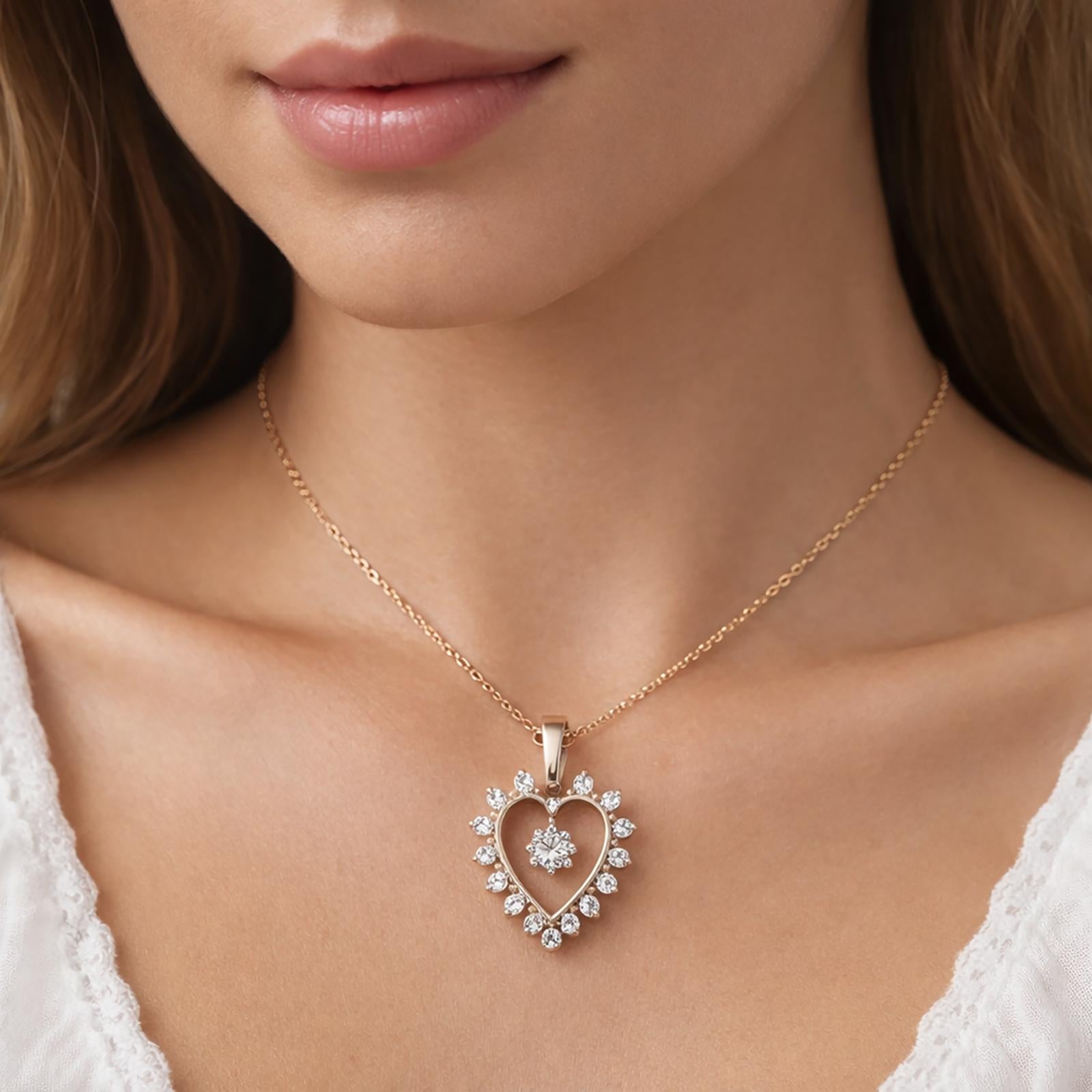 Vintage Diamond Open Heart Pendant Charm Yellow Gold 2.75 TW 1.30" Ladies