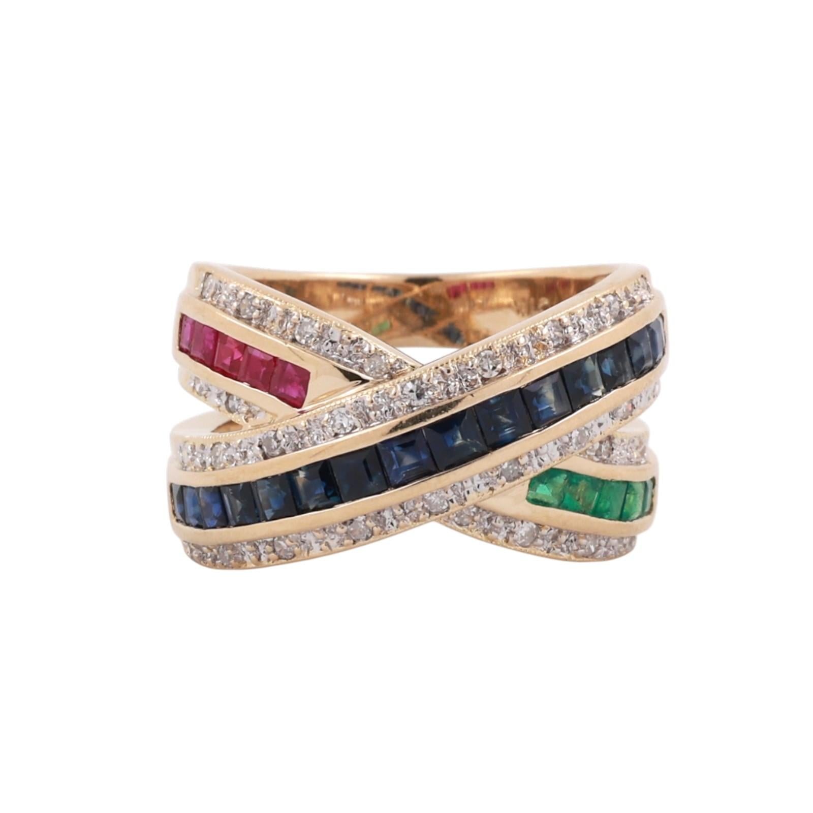 Sapphire Ruby Emerald Diamond Crossover Ring 14K Yellow Gold 1.75 CTW Size 7.75
