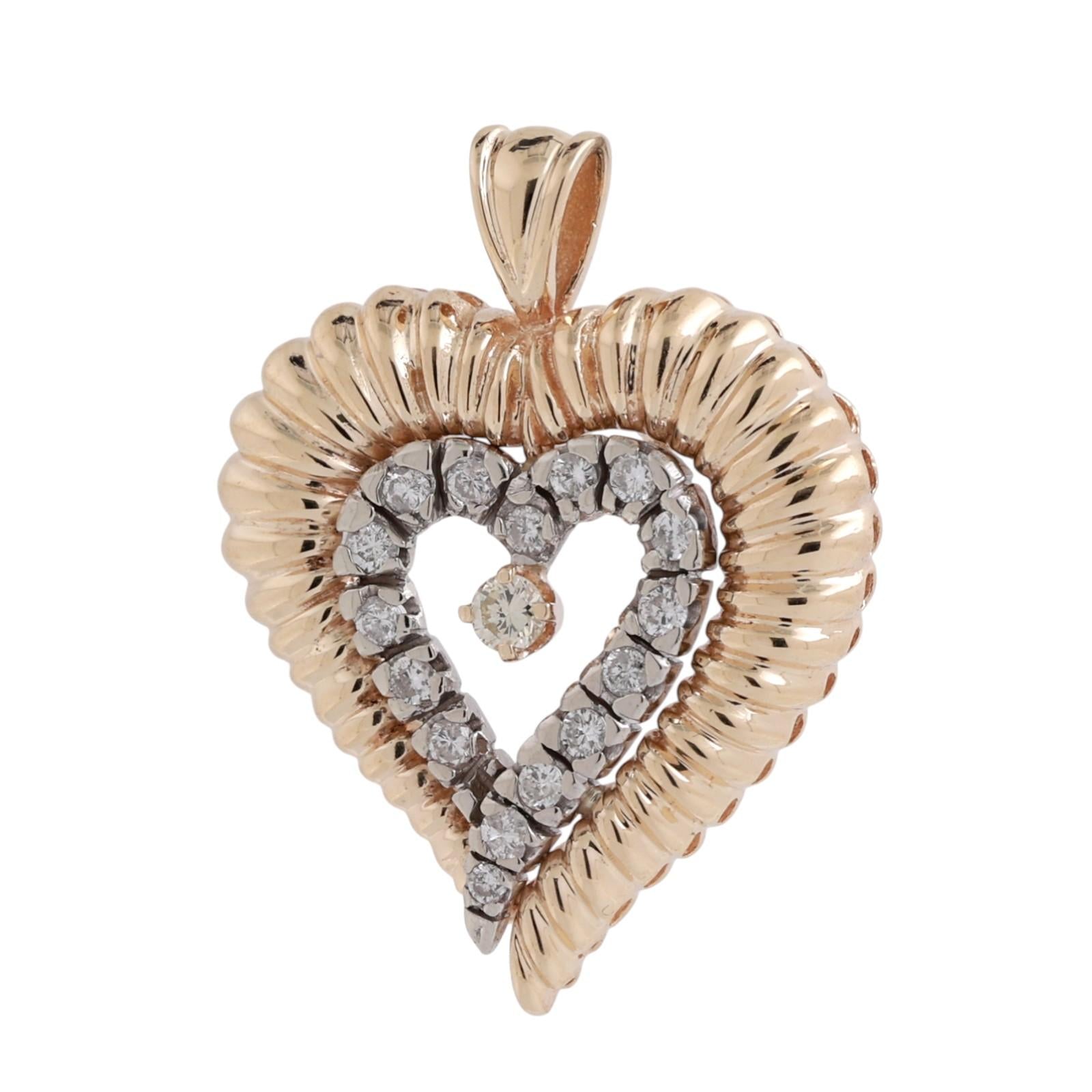 Two Tone Gold Diamond Heart Pendant 0.55 CTW Vintage Cluster 1.33"