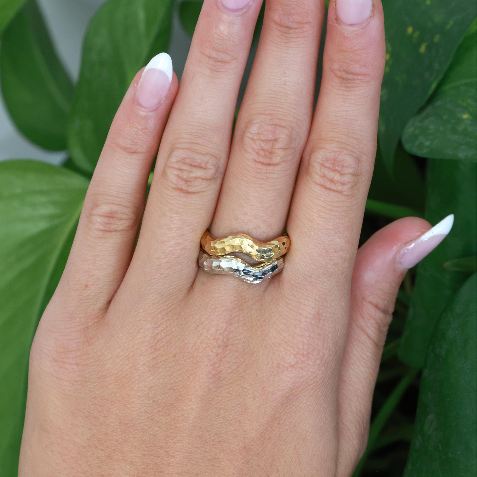 Italian Two Tone Gold Hammered Stacking Rings 18K White Yellow Gold Size 7